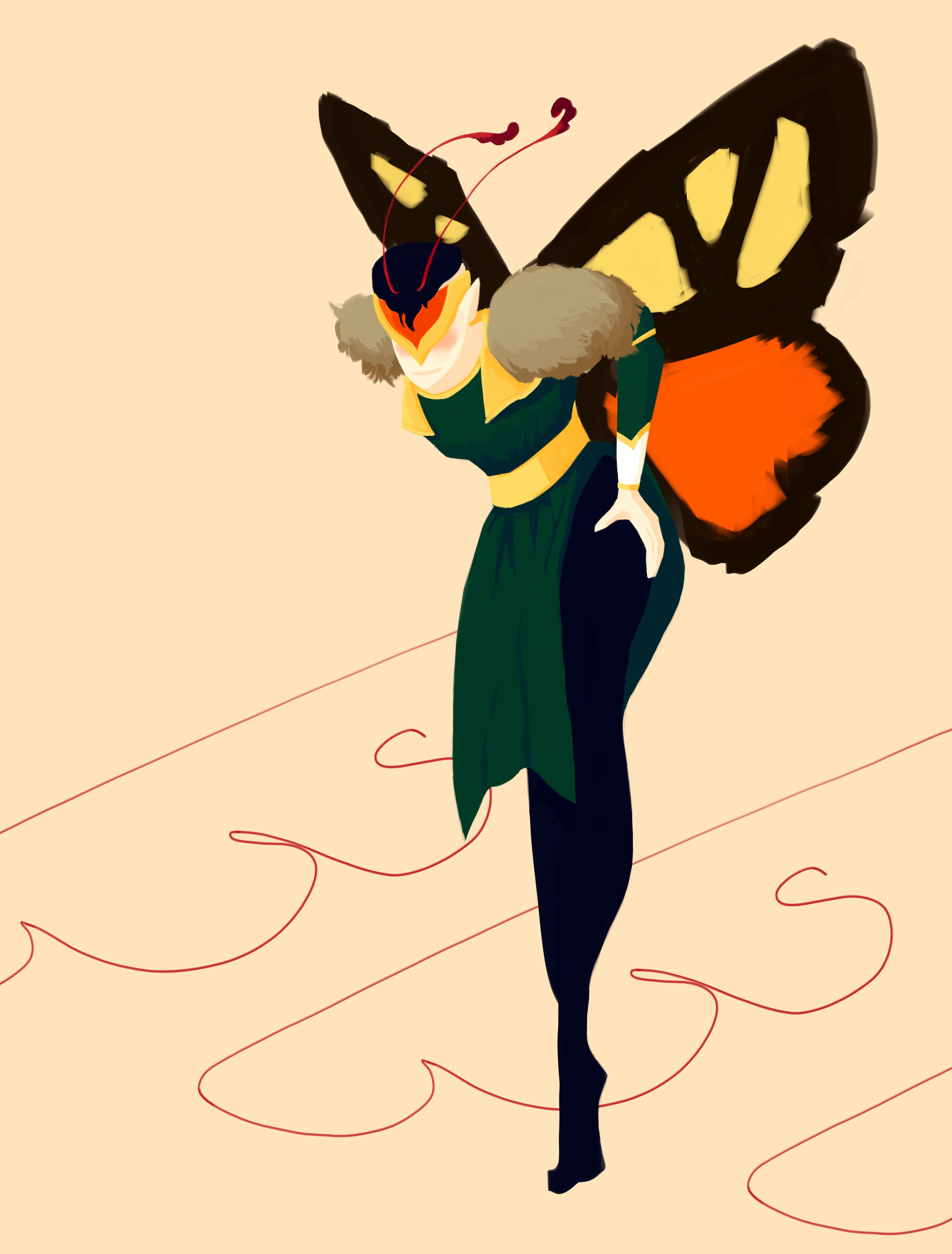 A moth fairy wearing a green tunic in a whimsical pose