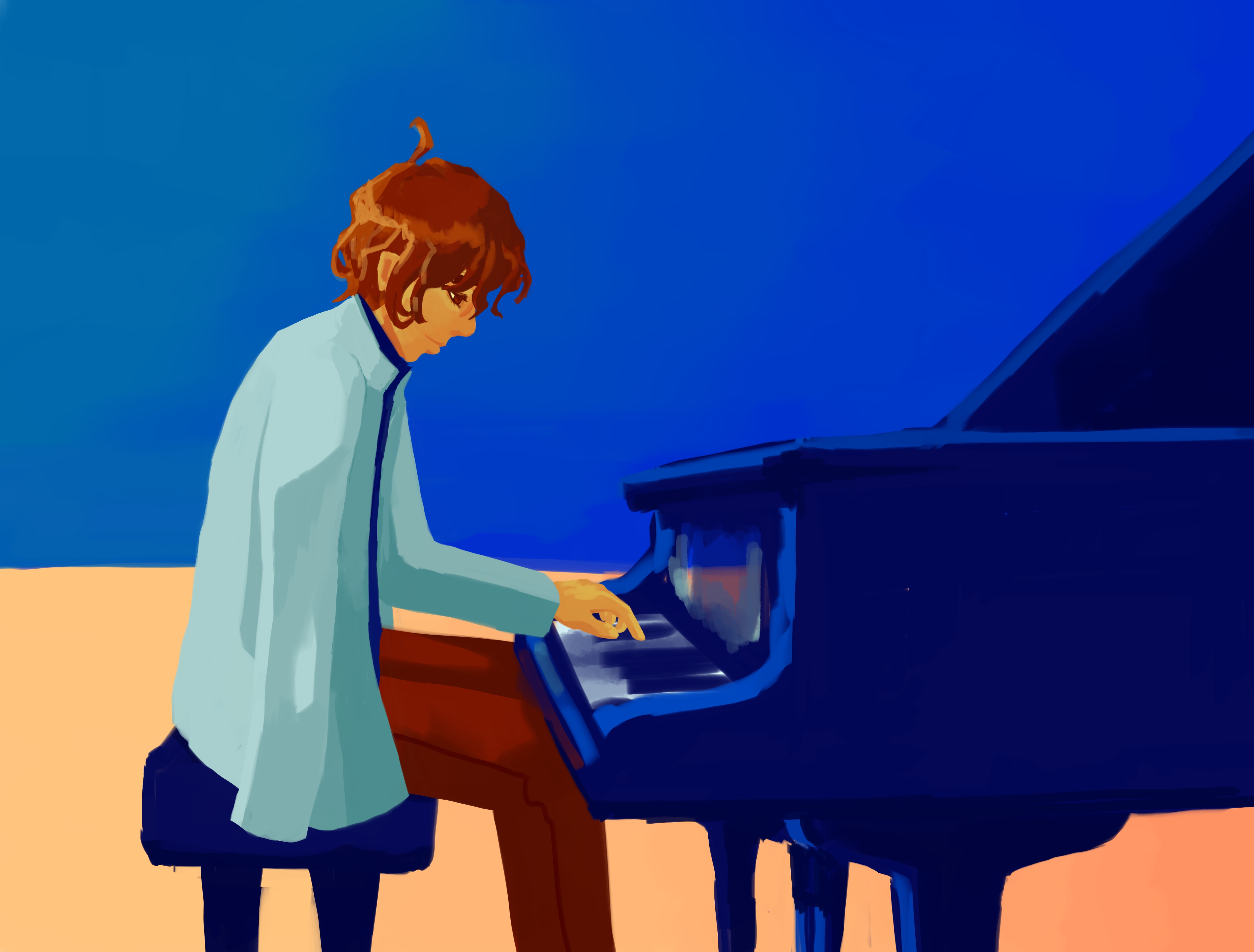 Brown haired person with curly hair with one arm sits at a reflective blue piano