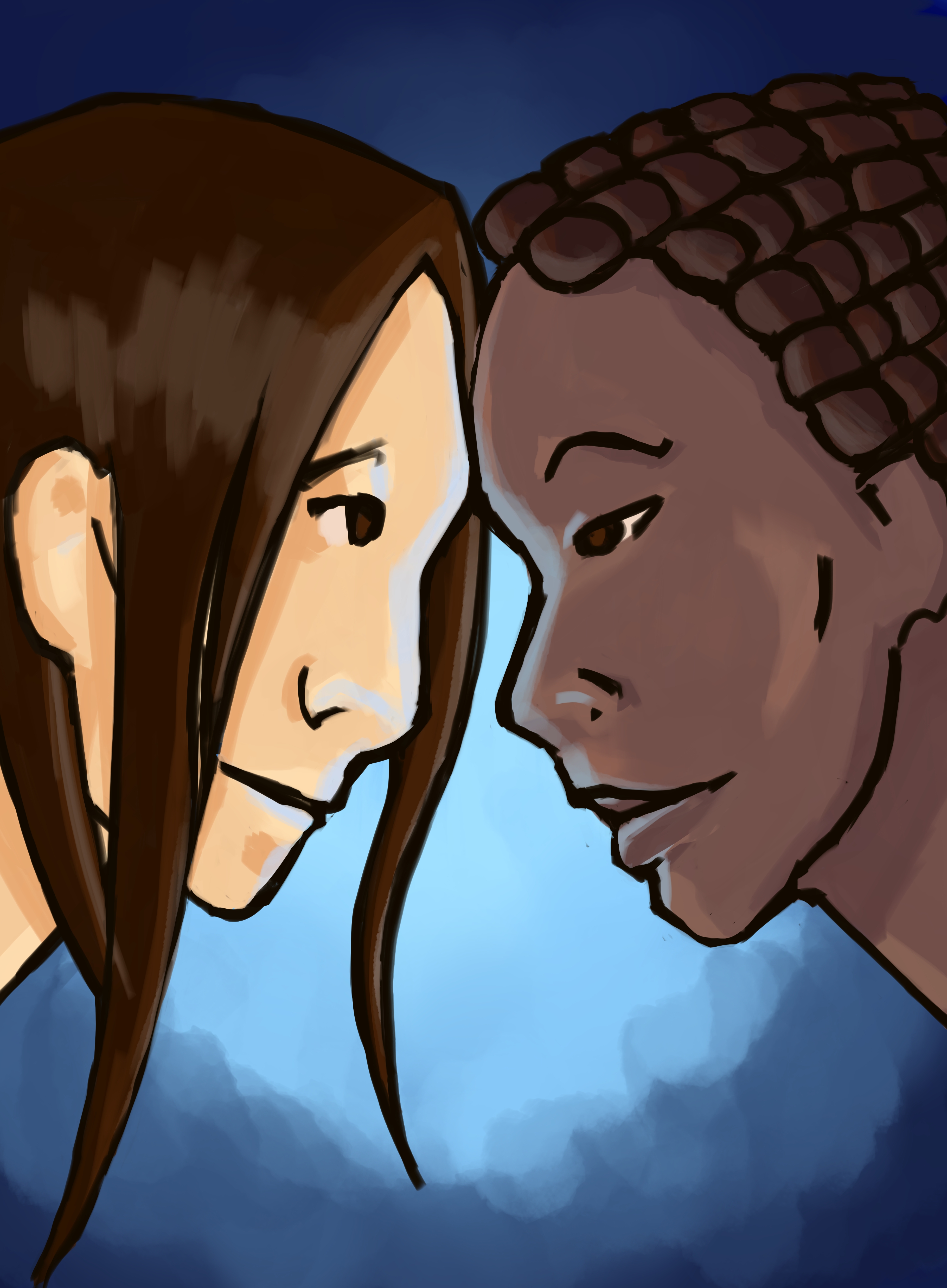 One light skinned person with dark hair and a dark skinned person with cornrows lean their heads together, smiling.