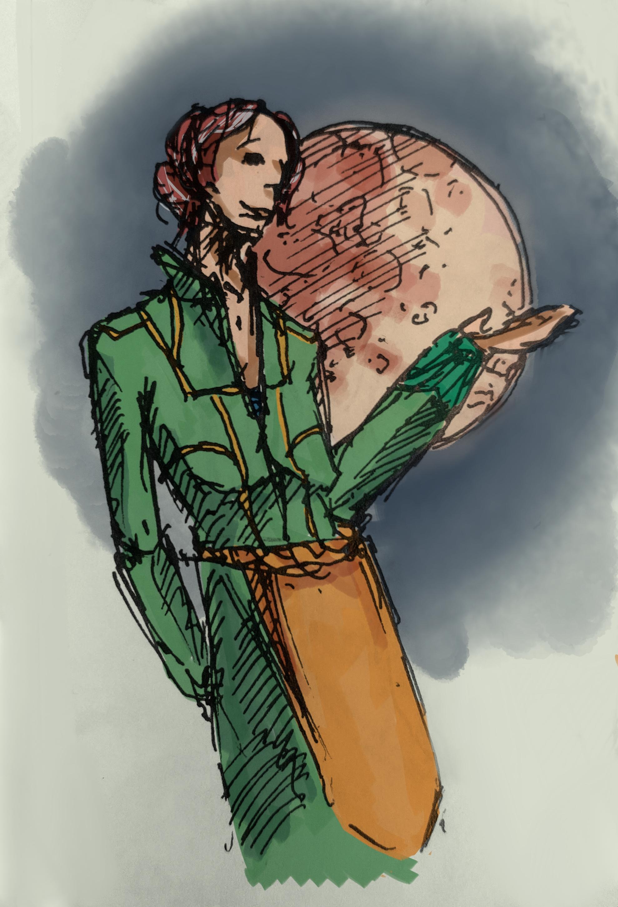 A woman in a green jump suit stands relaxed before a red moon. Her red
hair is streaked with grey. Fountain pen ink digitally colored.