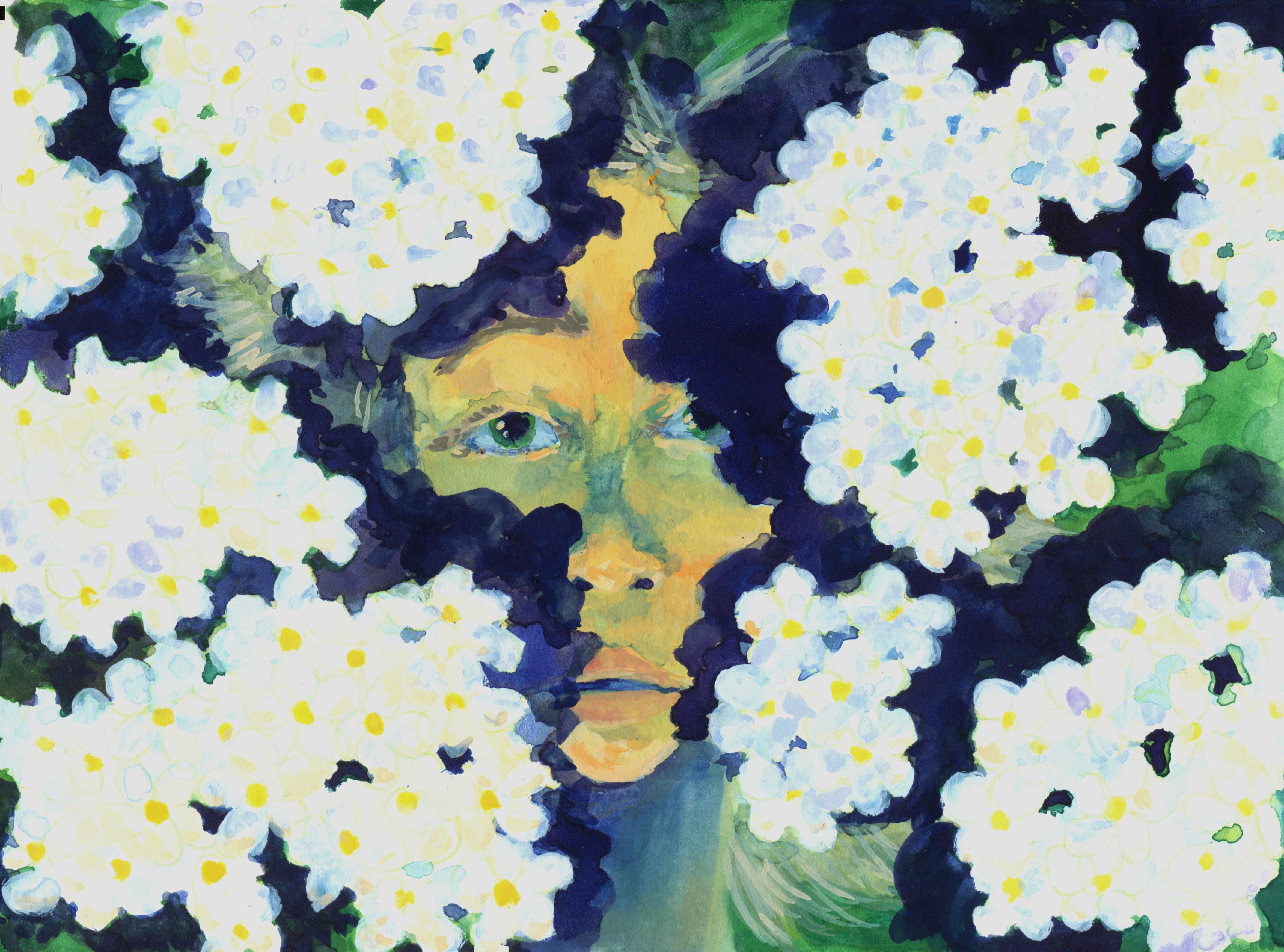 A blonde haired person looks up from the shadows of several clusters of
white flowers, casting blue-purple shadows on their face.