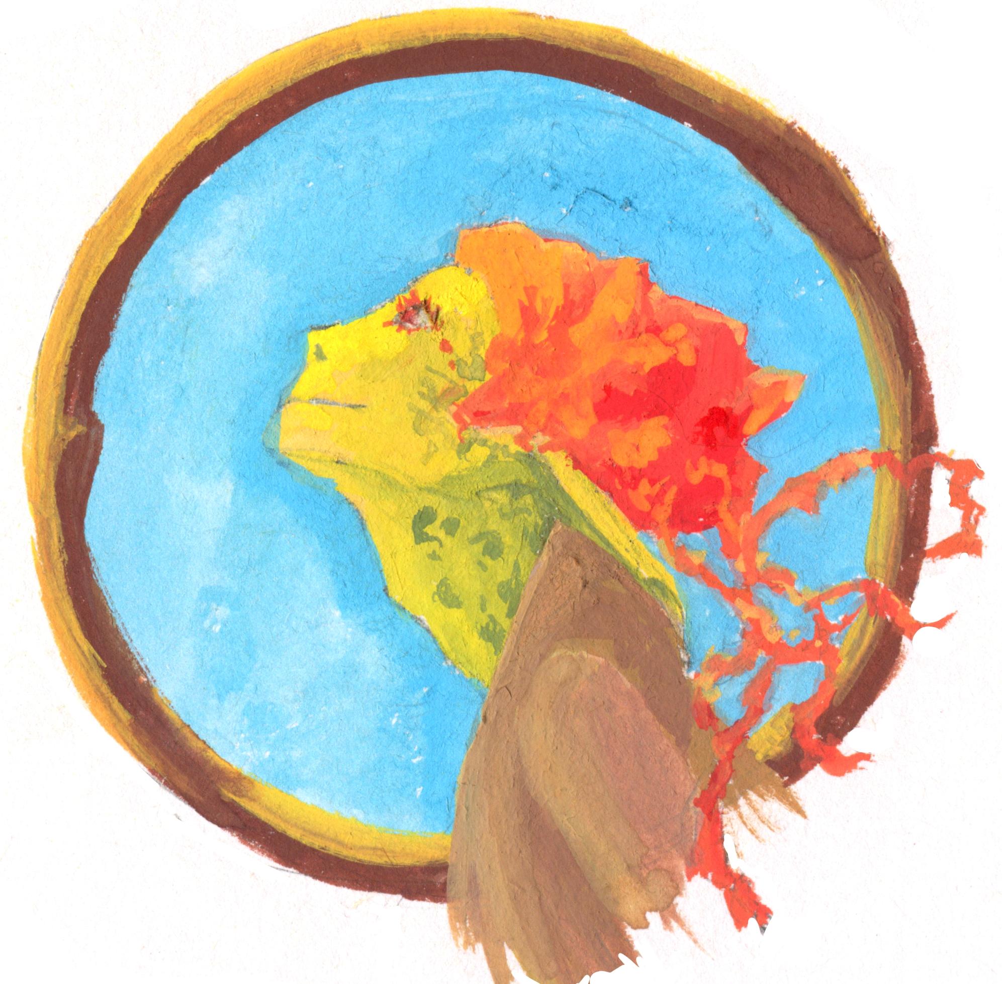 Painting of a yellow green-skinned person with bright red hair. It's
styled like a jellyfish, a big mass with tendrils coming below. He's looking up
and to the left, smiling into an unseen lightsource. The background is a
porthole into a bright blue sky.