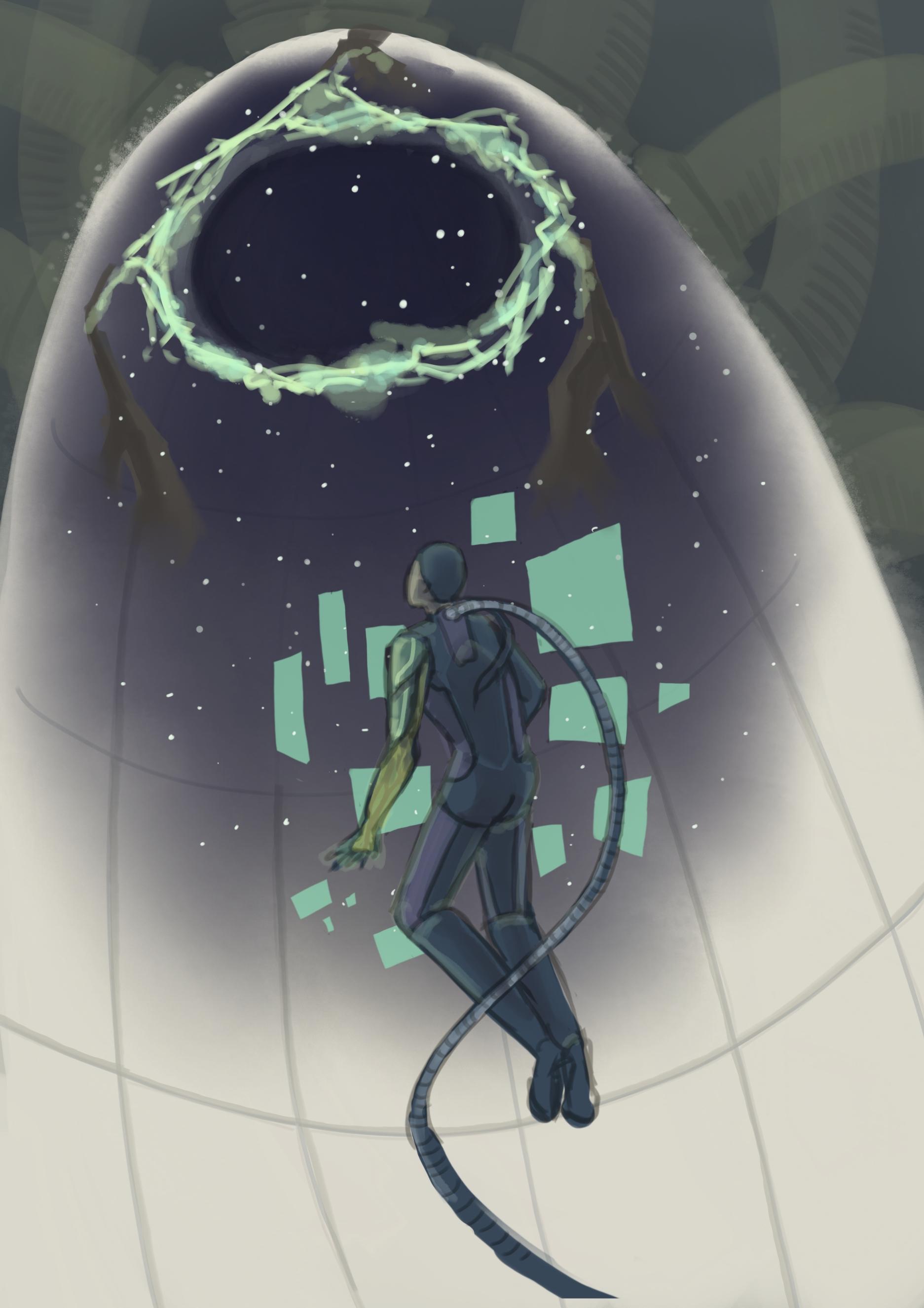 Maya floats, surrounded by screens. Before her is three prongs emitting
a circle of energy. Stars lie beyond.