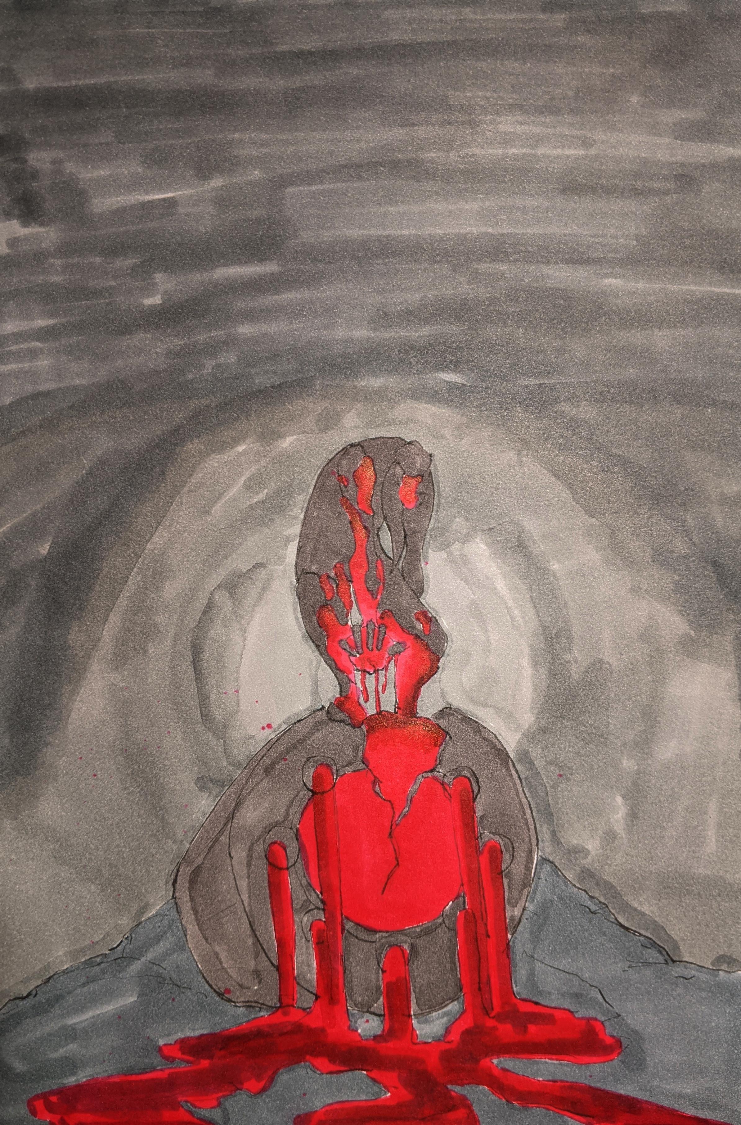 A person stands crouched over a broken husk. Red fluid pours from its
orifices. She clutches its heart in her hands, covered in blood.