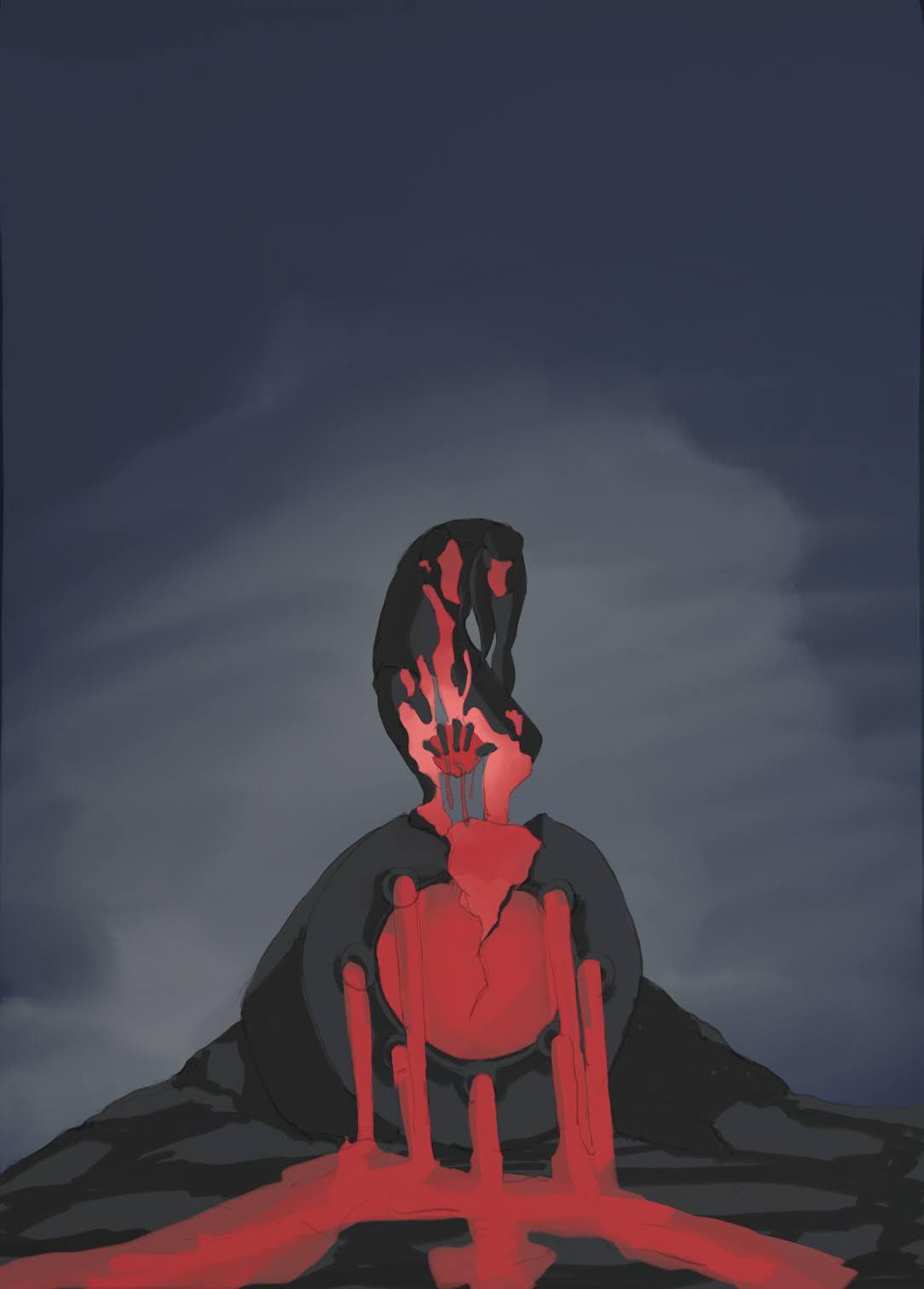 A person stands crouched over a broken husk. Red fluid pours from its
orifices. She clutches its heart in her hands, covered in blood.