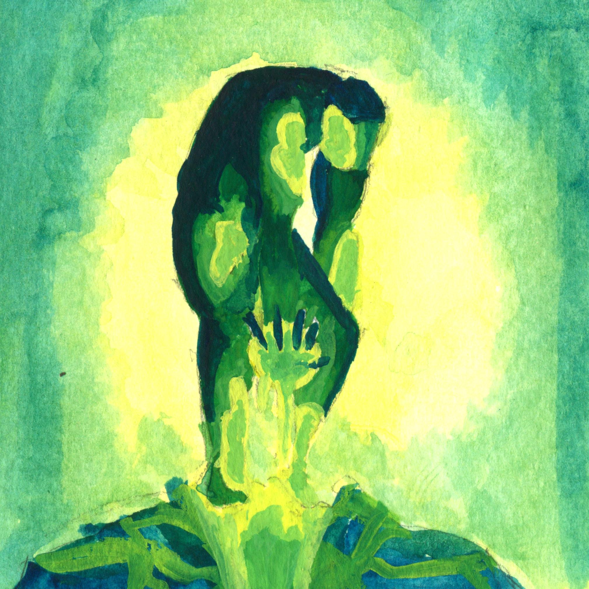 A monochrome painting, in greens and yellows and blues. A person stands crouched over a broken husk. Red fluid pours from its
orifices. She clutches its heart in her hands, covered in blood.