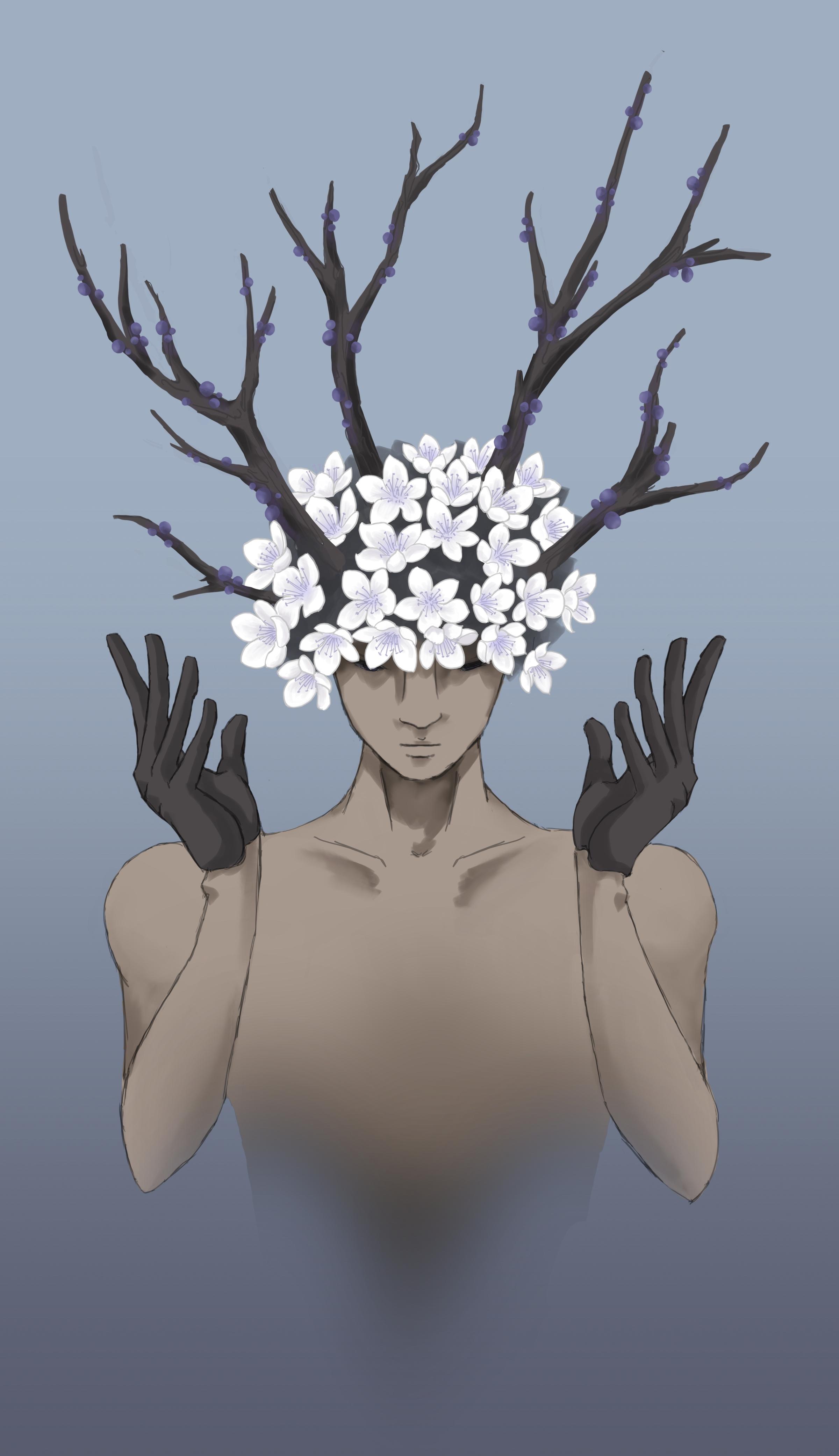 A medium-skinned woman, eyes obscured by the flowers growing from her hair. Branches with dark, round fruit, sprout from her hair like antlers