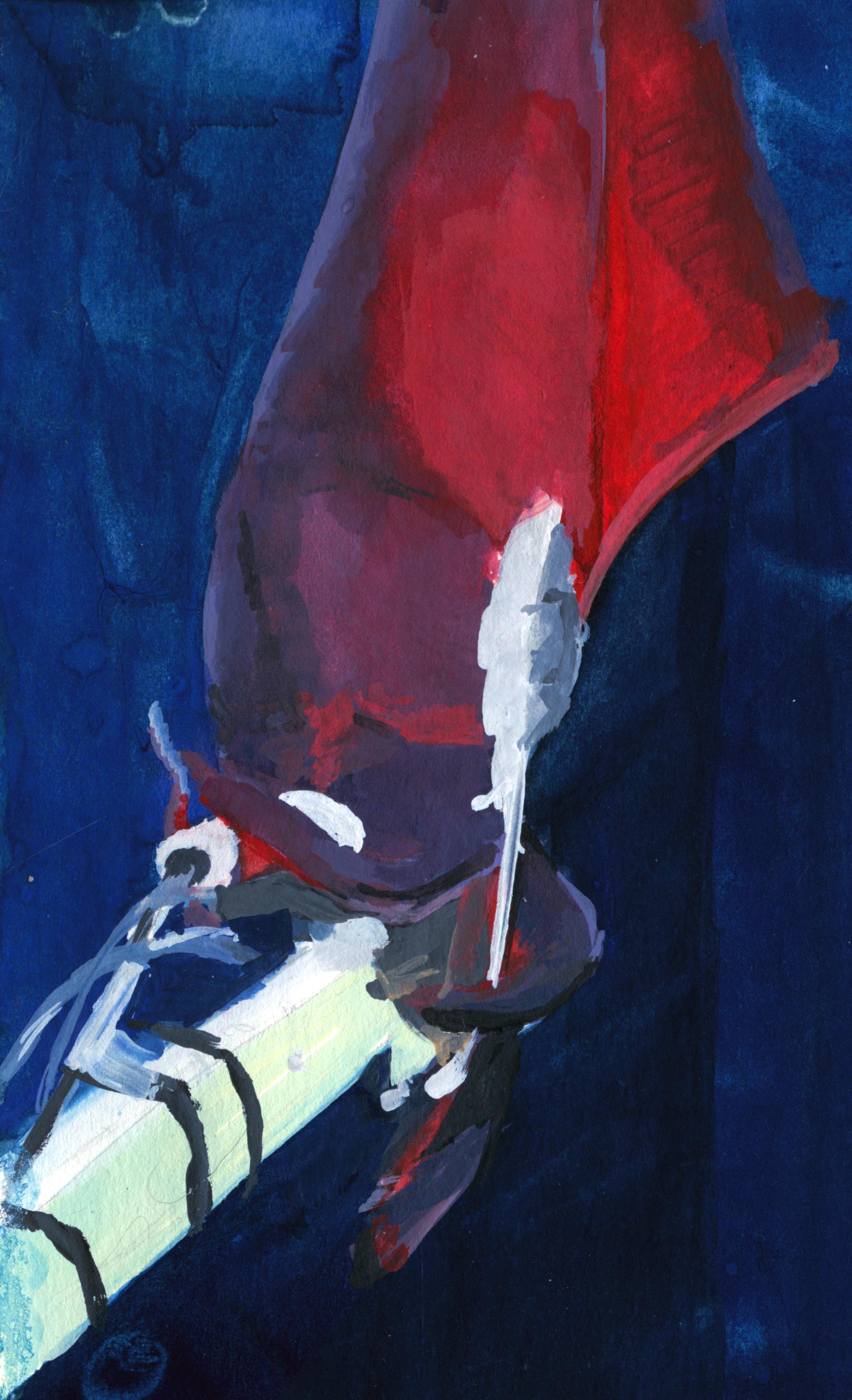 A bright red squid, grasping a baited metal arm