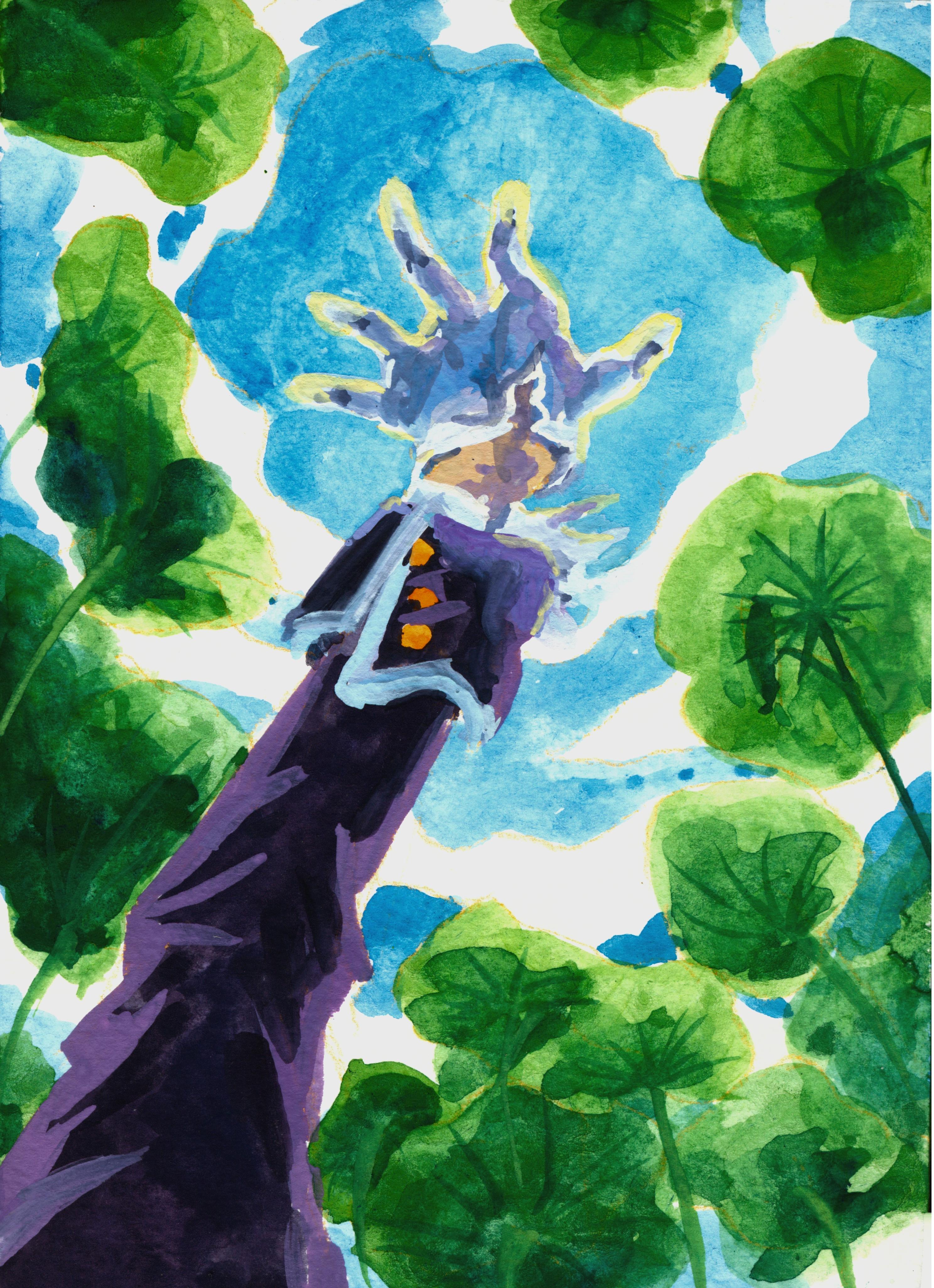 A hand reaching into the sky, lotus leaves growing around them. The arm
is wearing a dark coat with white trim, a white glove.