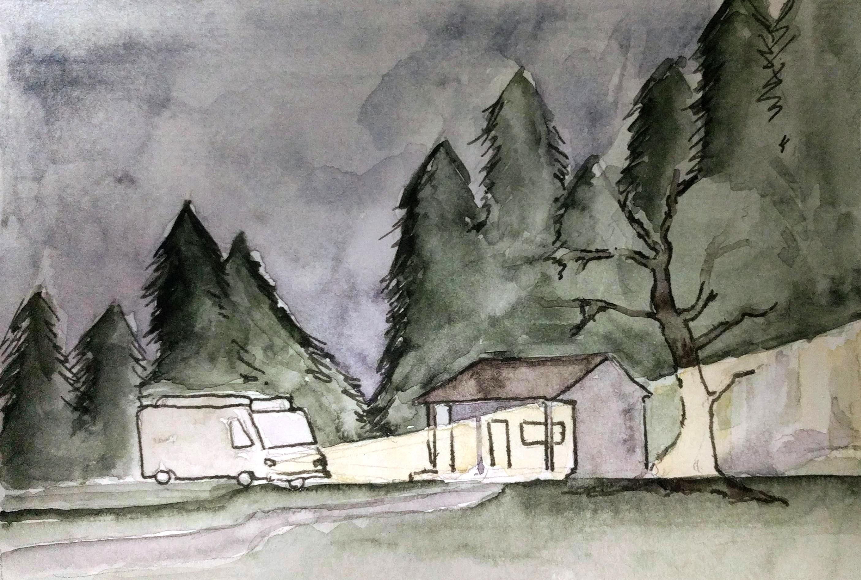 The headlights from a van illuminate a cabin and a twisted tree. Tall
pines stand dark behind it.