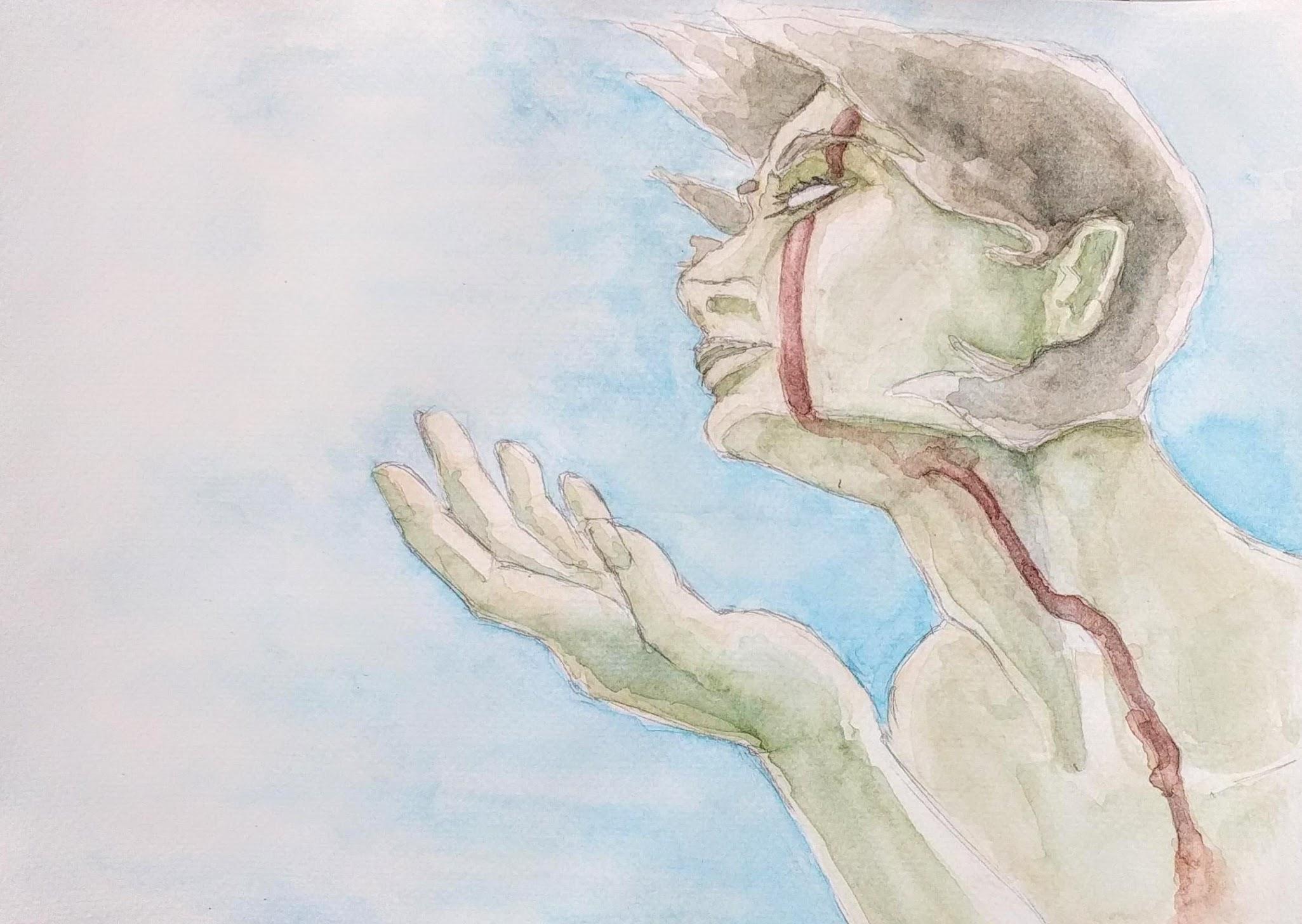 A watercolor painting in light colors. A person with soft brown hair
looks off into the distance, hair blown in front of them. A red mark runs down across his eye, 
which is white with blindness. The image is set against a blue sky.
