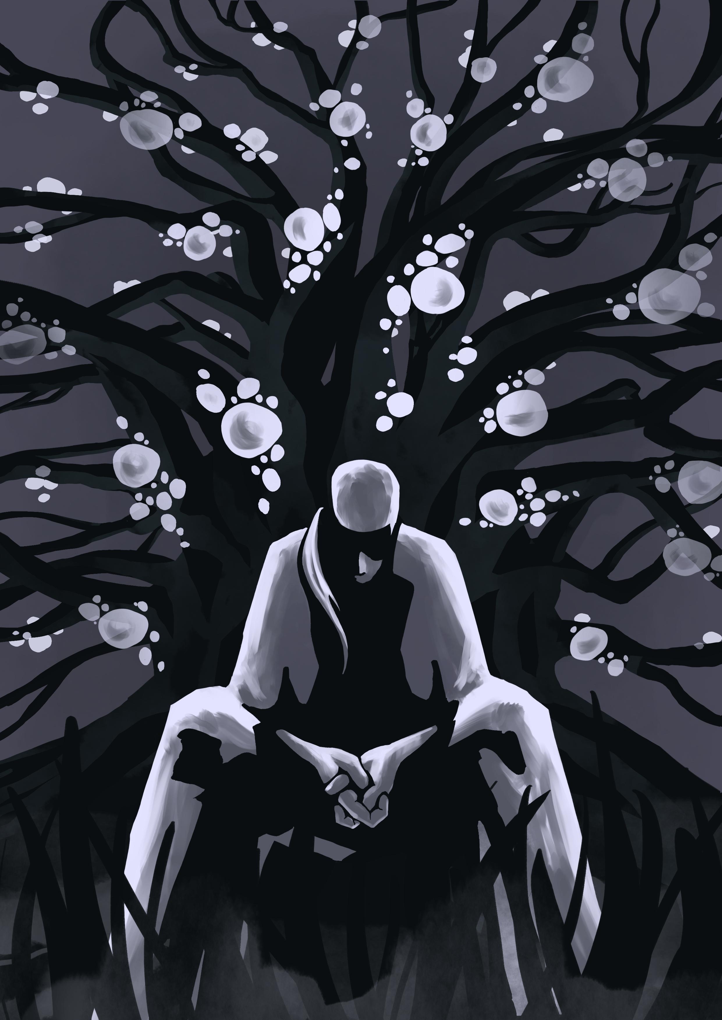 person seated beneath a sprawling tree; digital, purples and blues