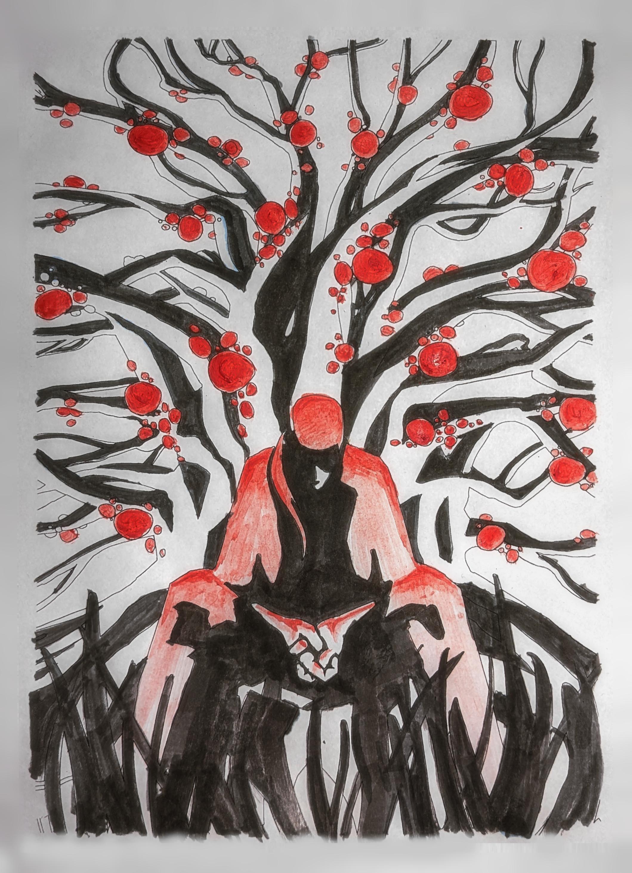 person seated beneath a sprawling tree; traditional, grey and bright red
