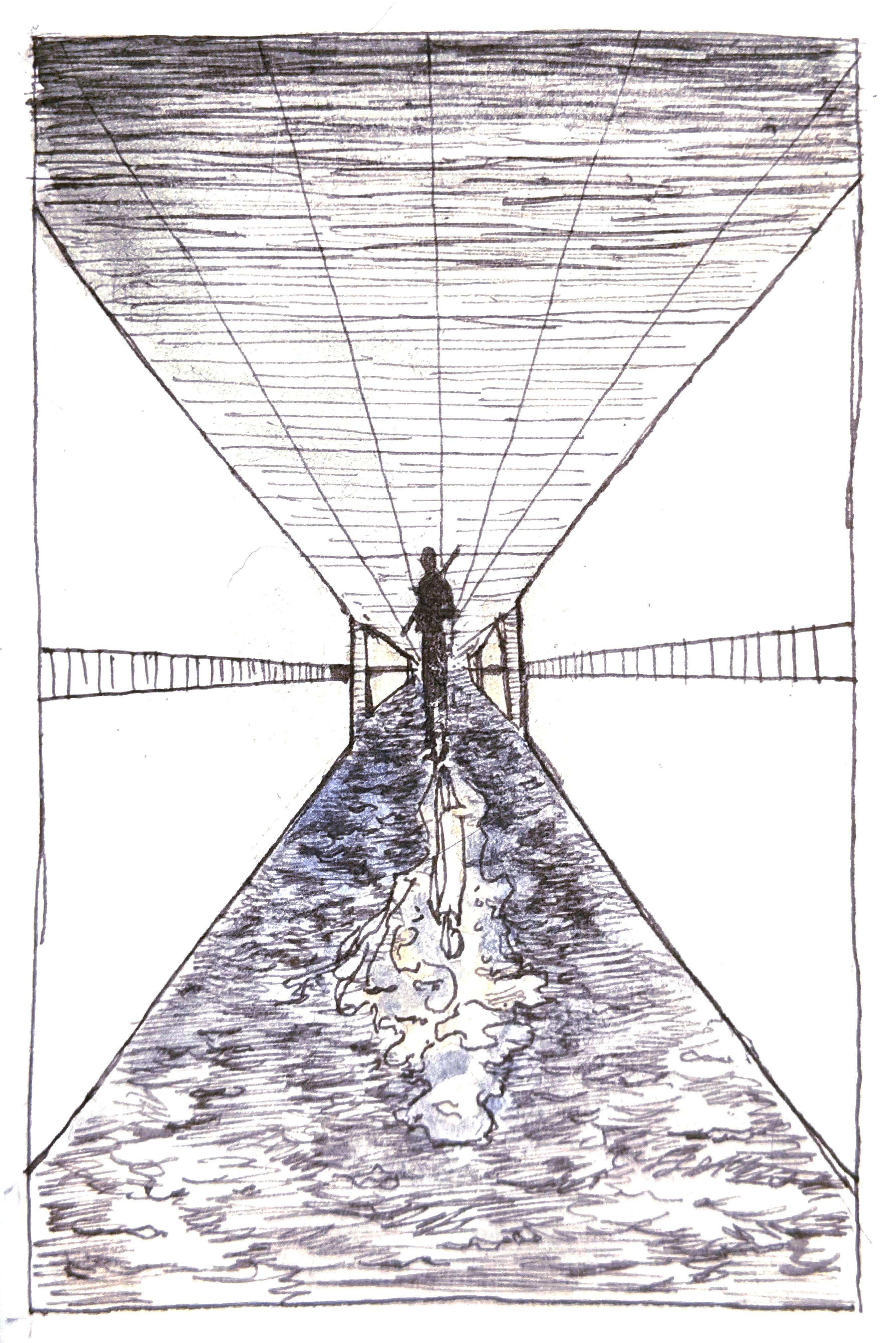 A corridor covered in water stretches off to the distance. Erika stands
as a dark silhouette. Her reflection holds a billowing shape and a person
wearing a sculptor's smock.