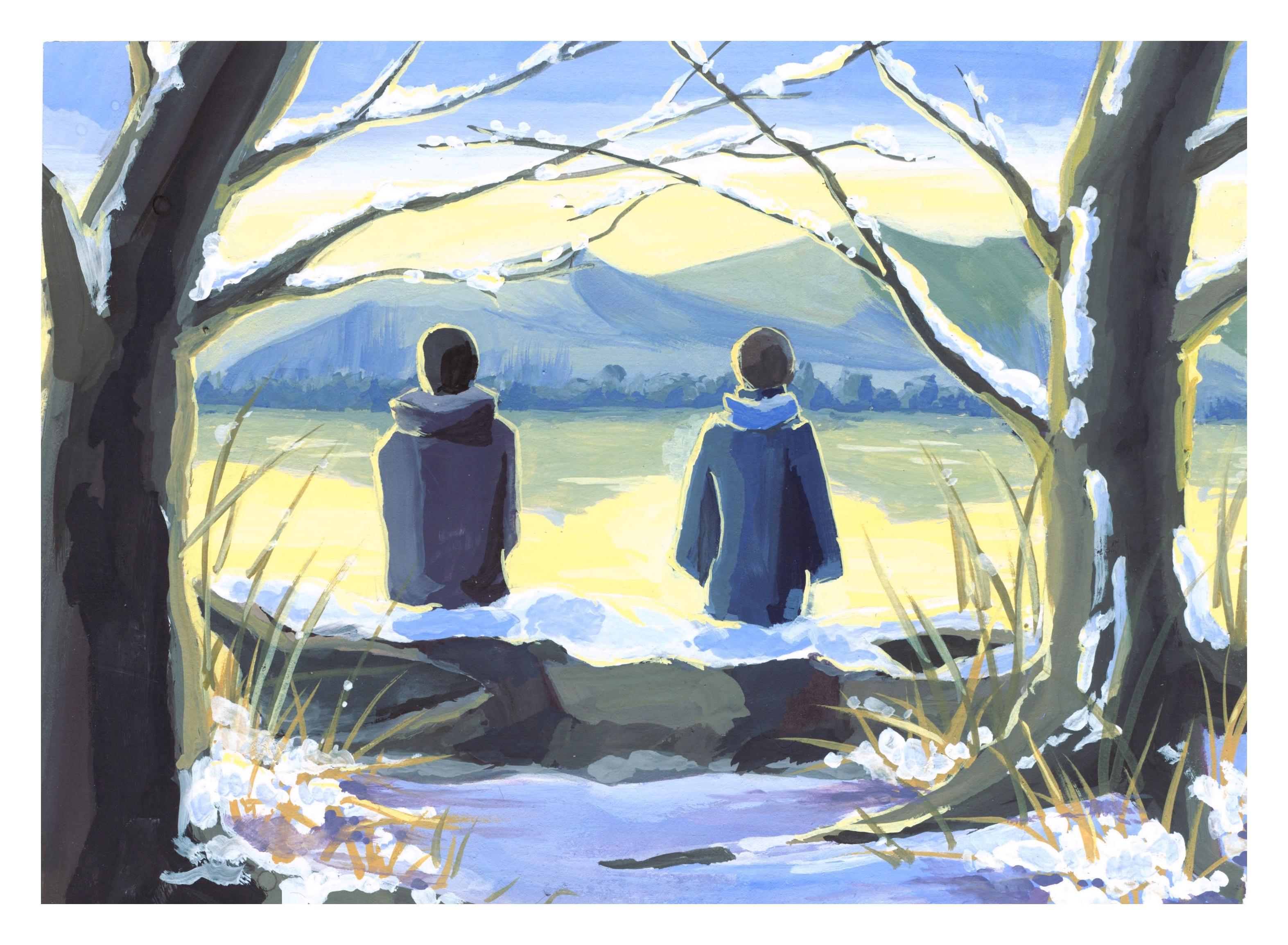 Gouache painting of Erika and Sebastian sitting on a fallen tree by the
lake. The sky is awash wtih warm yellow light, soft blue. Snow covers most surfaces.