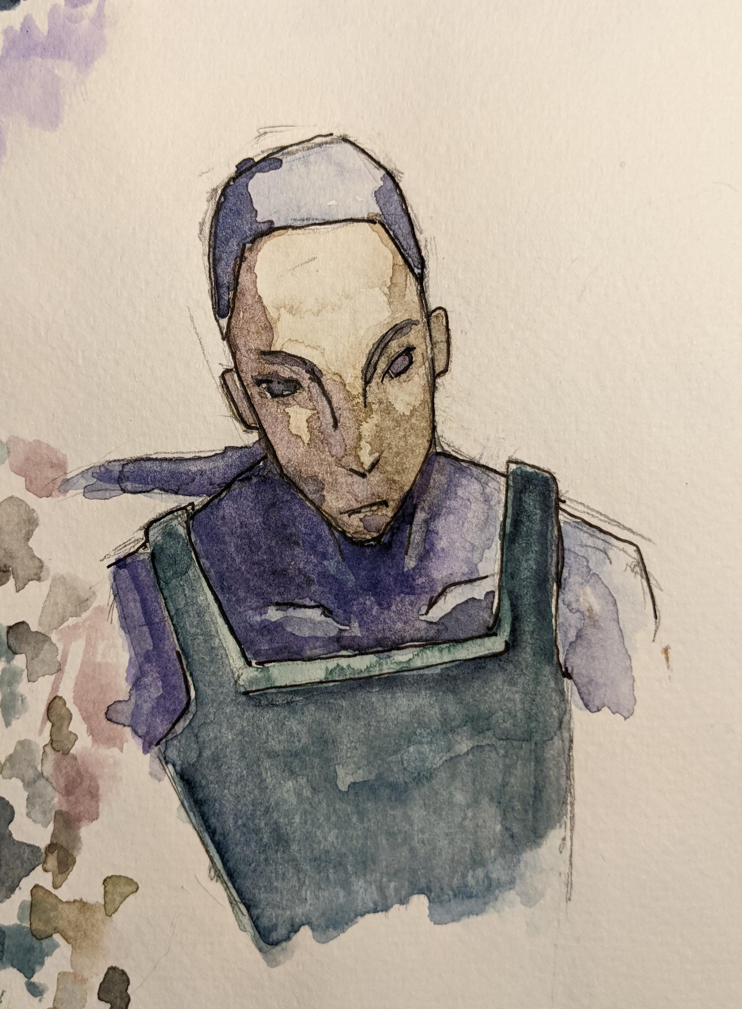 A watercolor bust of a person in form-fitting clothes and a ponytail.
Her eyes are set with determination. The main notes are blue-green and blue-purple. There are
watercolor test splotches off to the side.