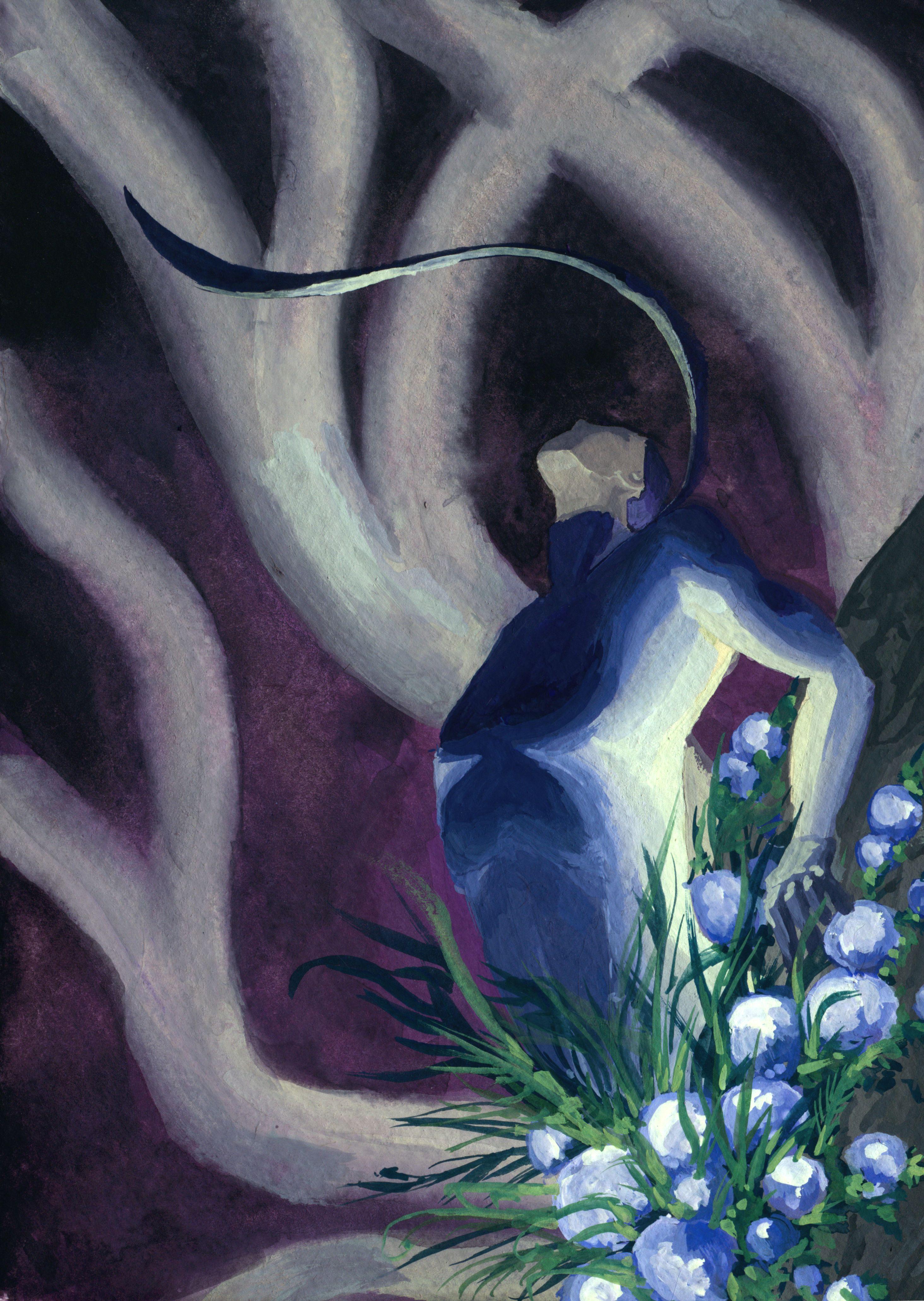 Erika, torso emerging from the trunk of a tree, pushing herself back
from a bulge of purple fruit and greenery. Pale, diffuse branches move through
a darkened purple-black background. Erika is underlit with an eerie green
light. Her face is darkened, upwards and away from the viewer.