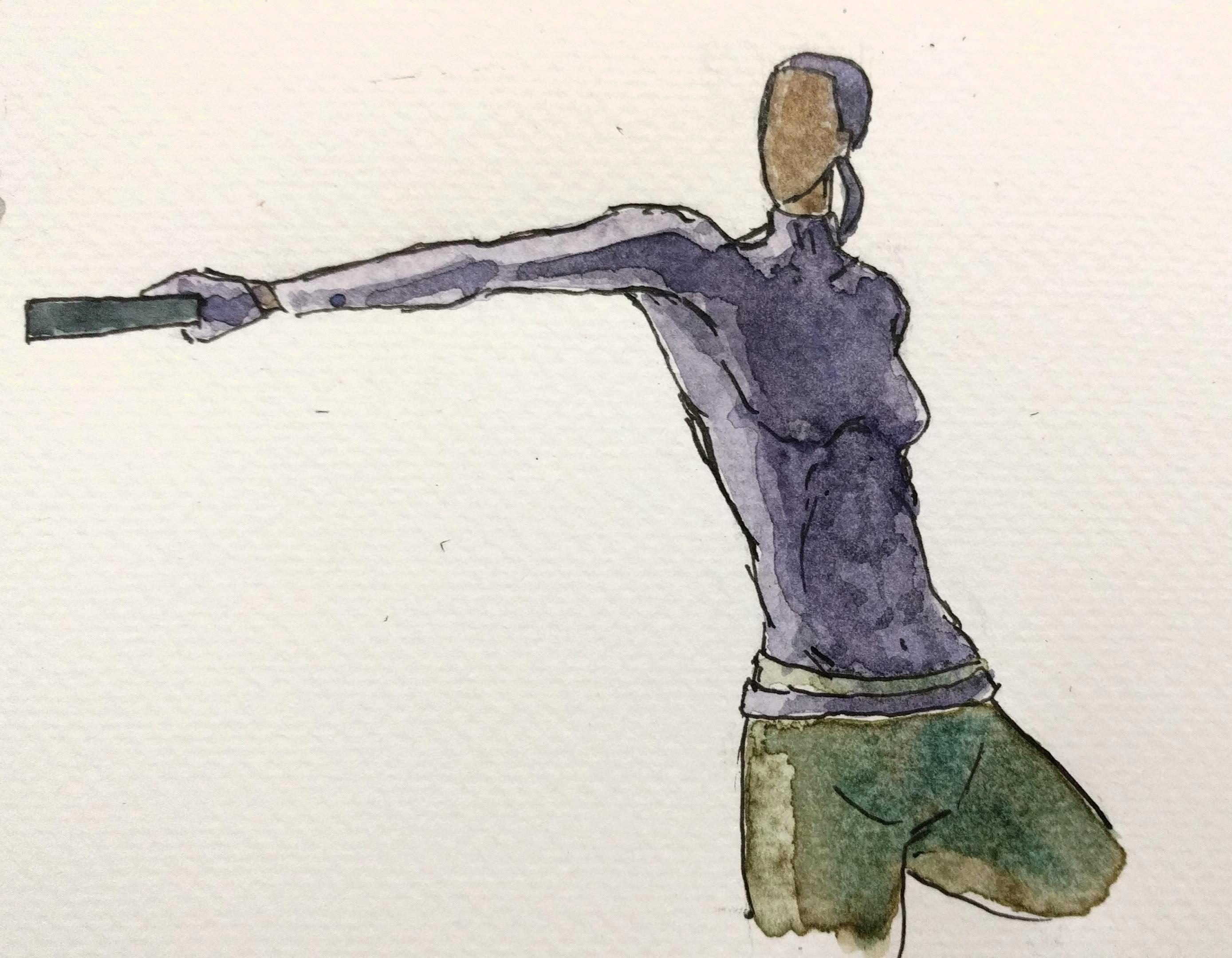 Erika cocks a gun, aiming over her shoulder. She is lit from behind.
