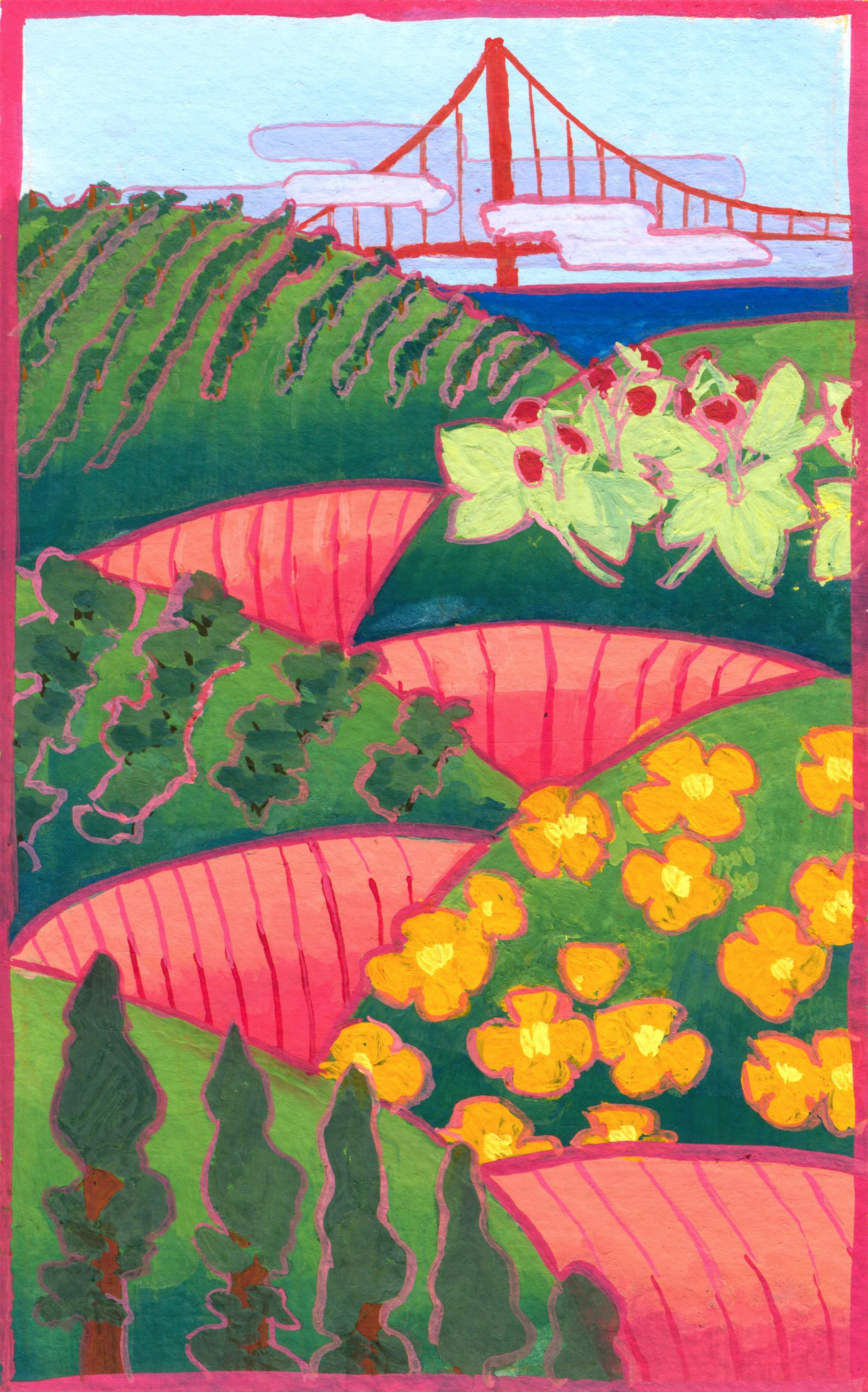 The hills of San Francisco, interleaved with a large
pinked stripe worm. Each hill has a different set of plants, redwood trees,
california poppies, orchards, thimbleberries, vineyards. In the distance is the
golden gate bridge, partially covered in fog. The painting is done in gouache, with 
pink lines.
