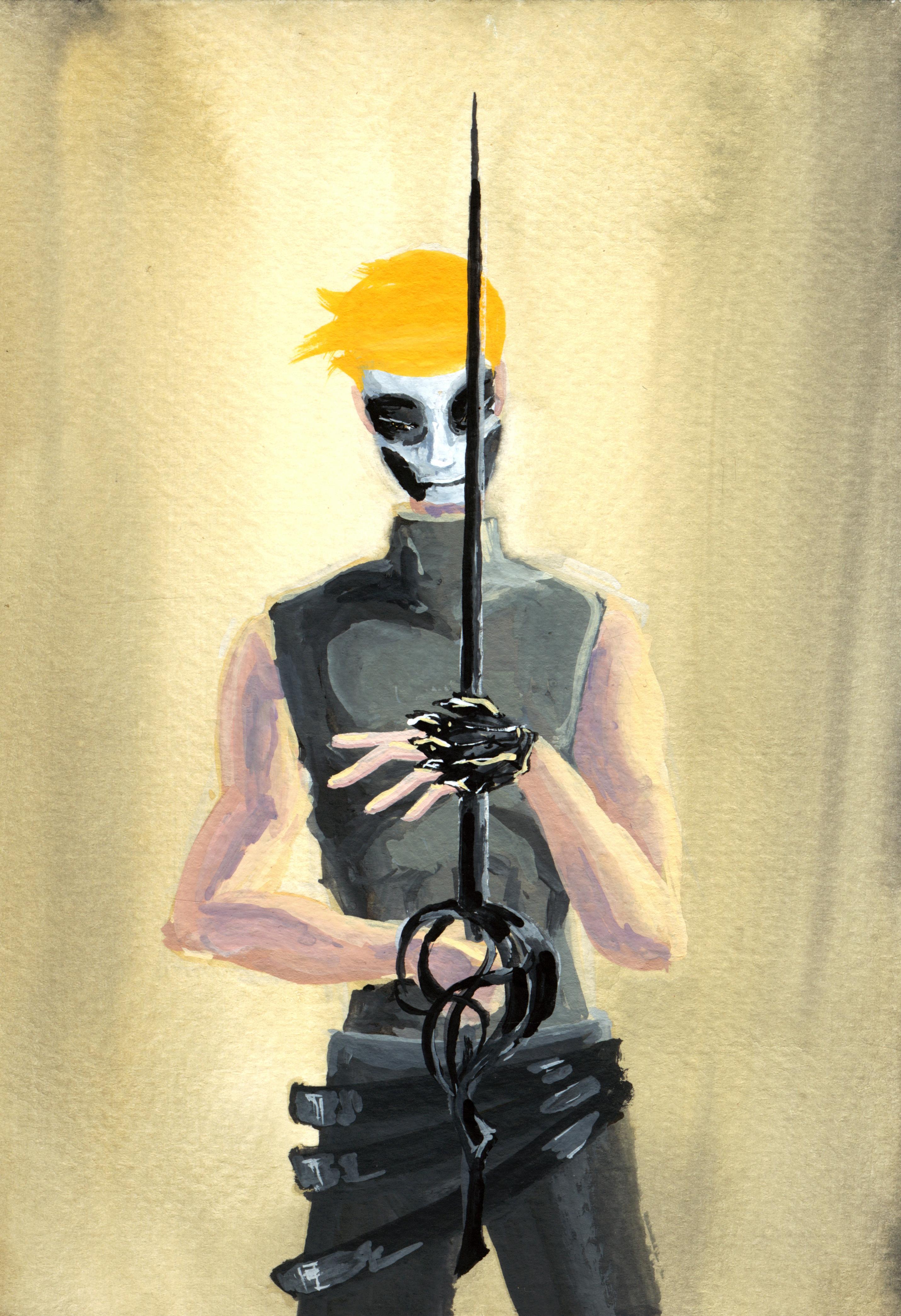 A person with orange hair, a skull painted on their face, their head barely tilted to the right, holding a rapier in front of them, a bladed glove folded across their chest. They're wearing a gray tank top with a turtle neck, three shiny black belts. The background is a hazy yellow.