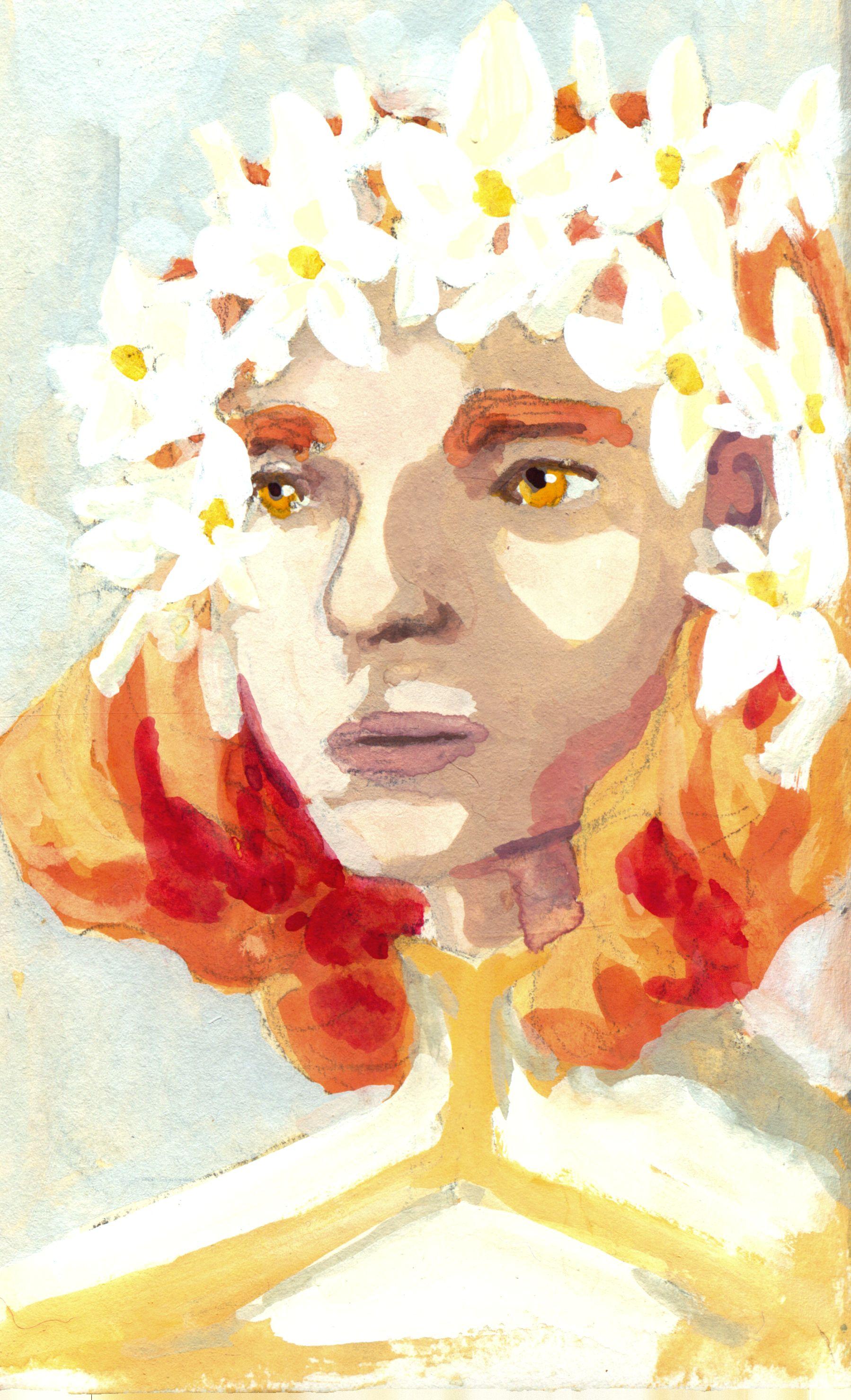 Portrait of a person with orange hair, yellow eyes, a distant, neutral
expression. They're wearing a crown of white flowers with yellow centers, and
phlanges, if it weren't so washed out you couldn't see it.