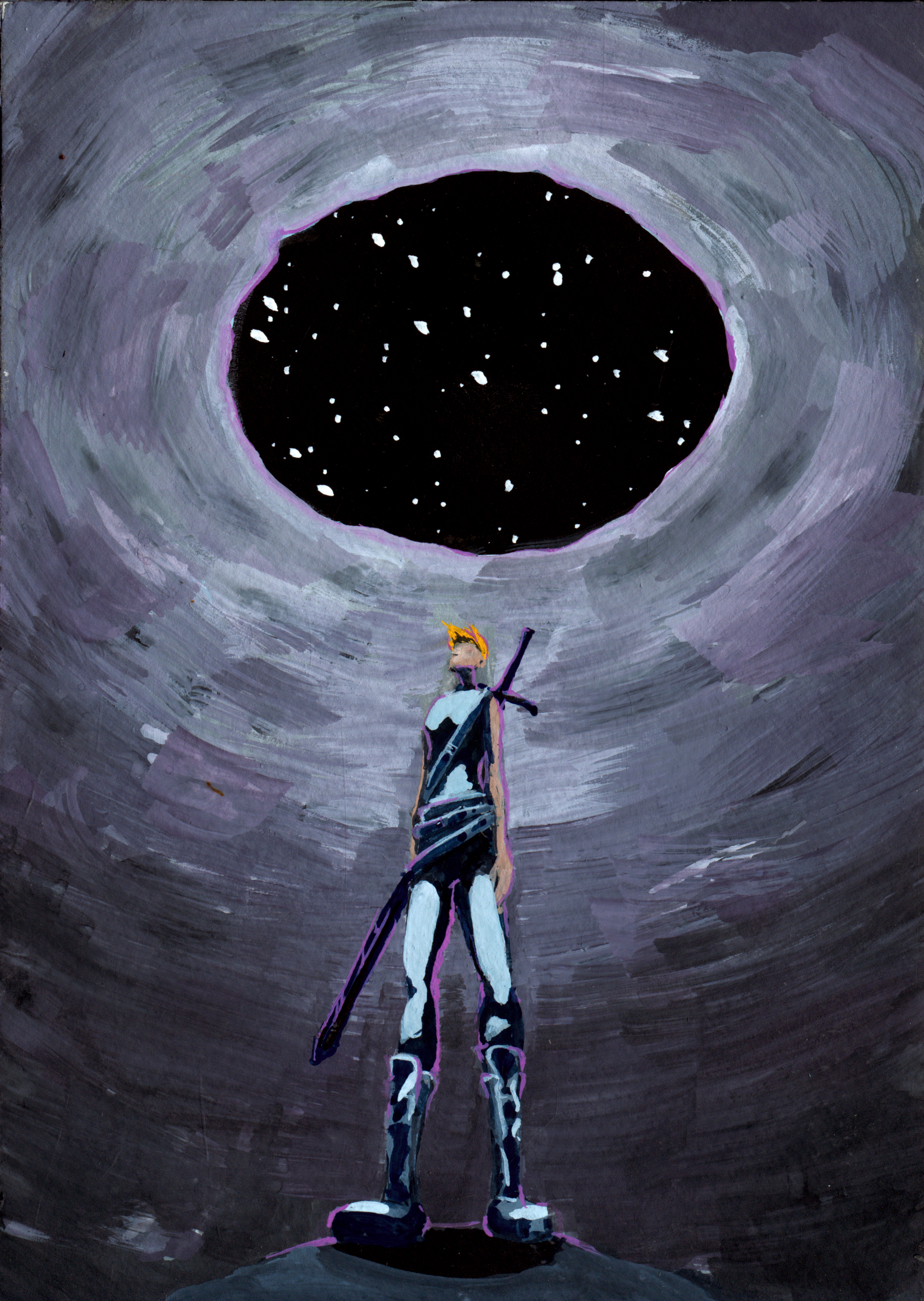 A person with red hair, looking up at a circle of stars above from the bottom of a long round tunnel. The walls are a stony purple. Their body is sharply lit and backlit by bright purple shadows.