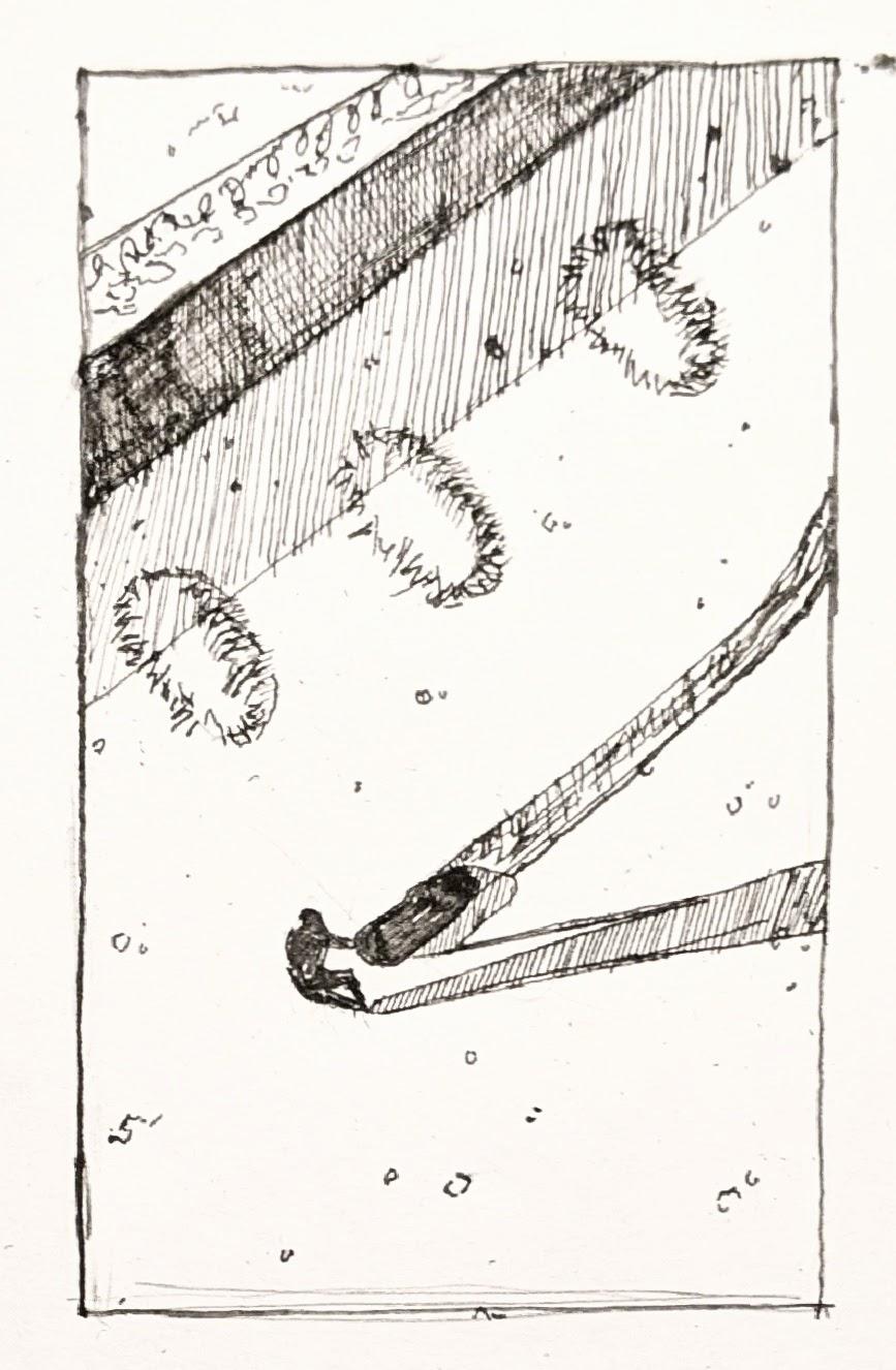 From above, a silhouette drags a body past three shallow mounds