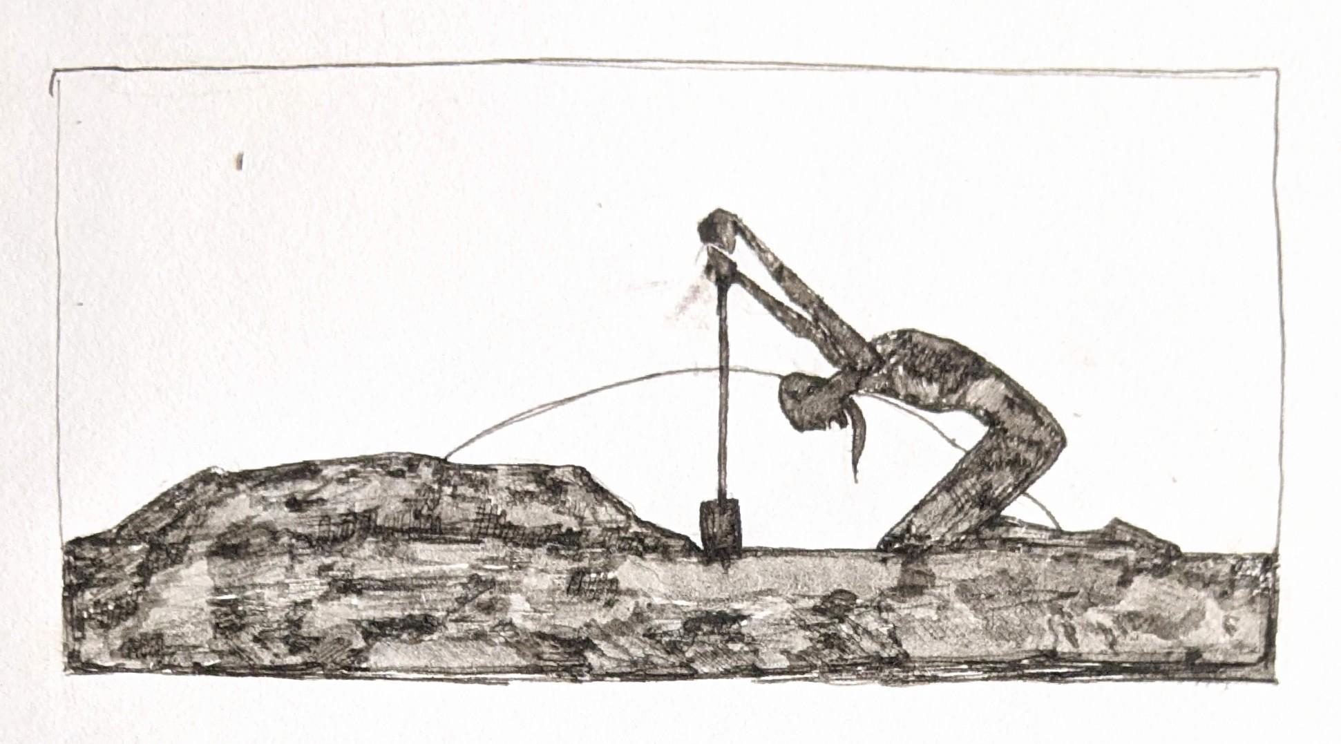 Erika, silhouetted against the setting sun. She is collapsed to her
knees, with only the spade for support.