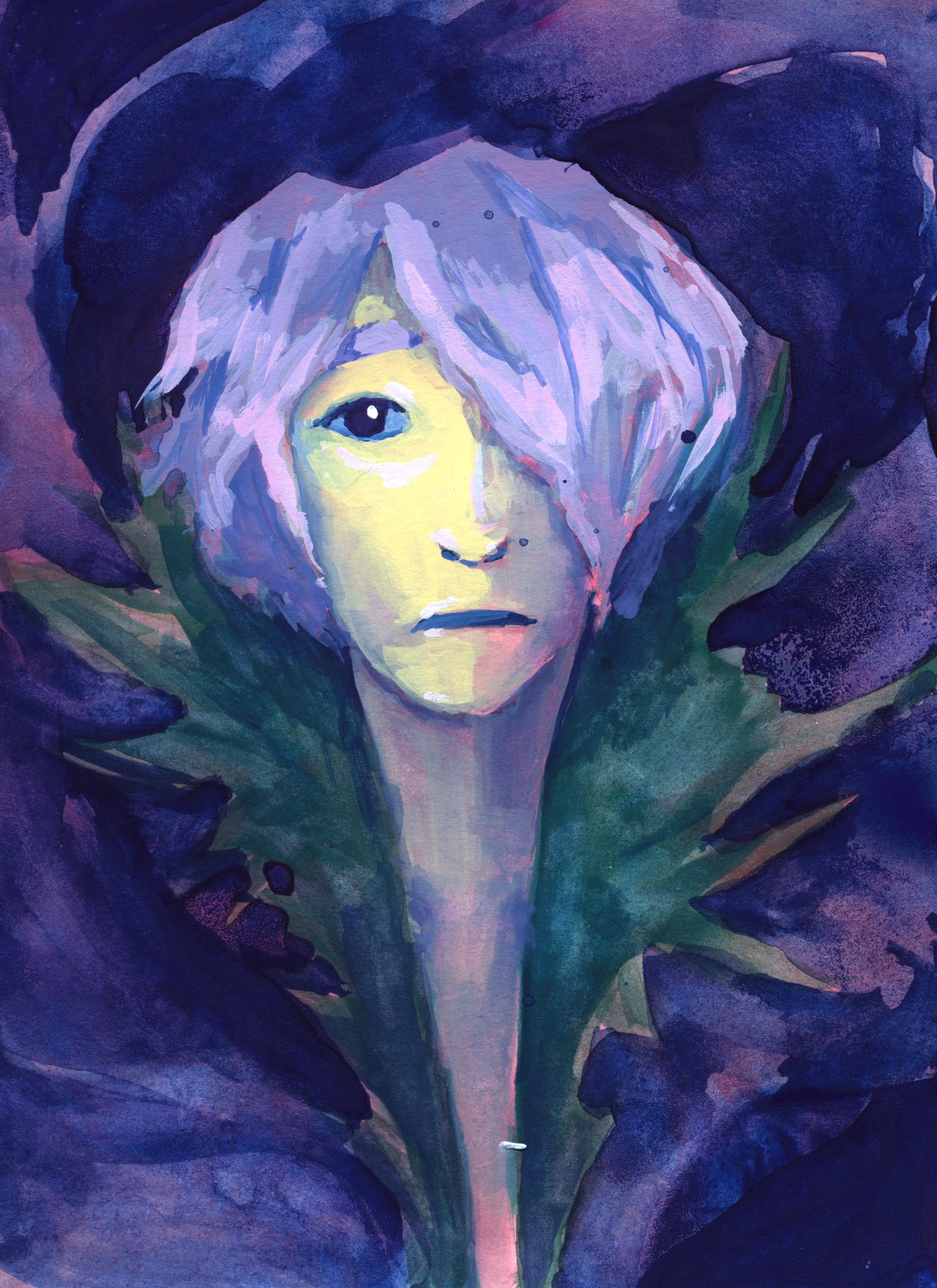 Portrait of Garry from Ib, a young man with unruly light purple hair and
a fraying green coat. He looks up from a texture of swirling blue petals.