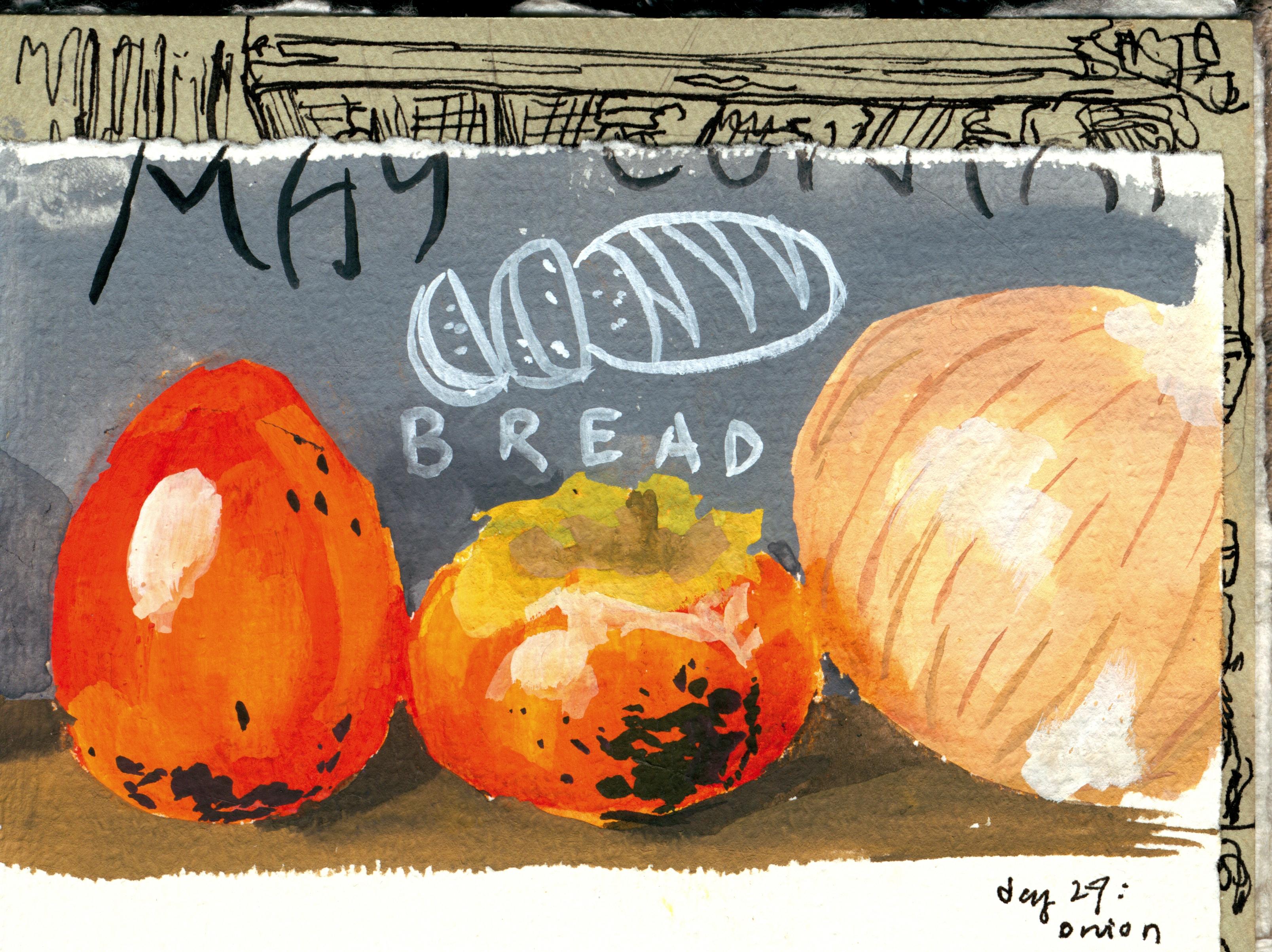 A hachiya persimmon, a fuyu persimmon, and an onion, on a back drop of
a bread box. The breadbox has 'MAY CONTAIN BREAD' written on it, scrawled over
its printed illustration of a persimmon, but you can only say a little bit of it.