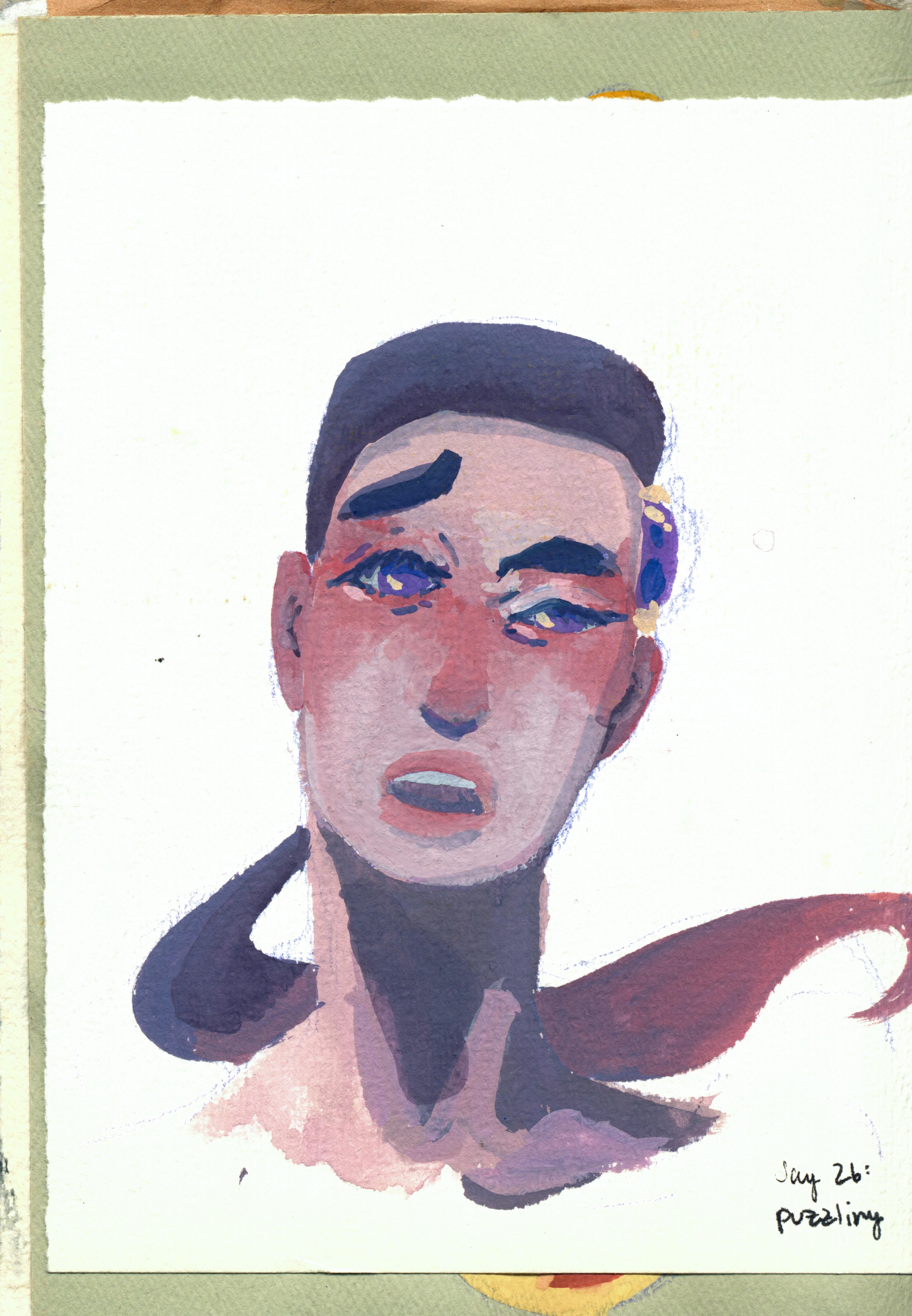 Headshot of Maya, one eye open, the other half-closed, head cocked. Her cheeks are darkly blushed, the colors are muted but expressive.