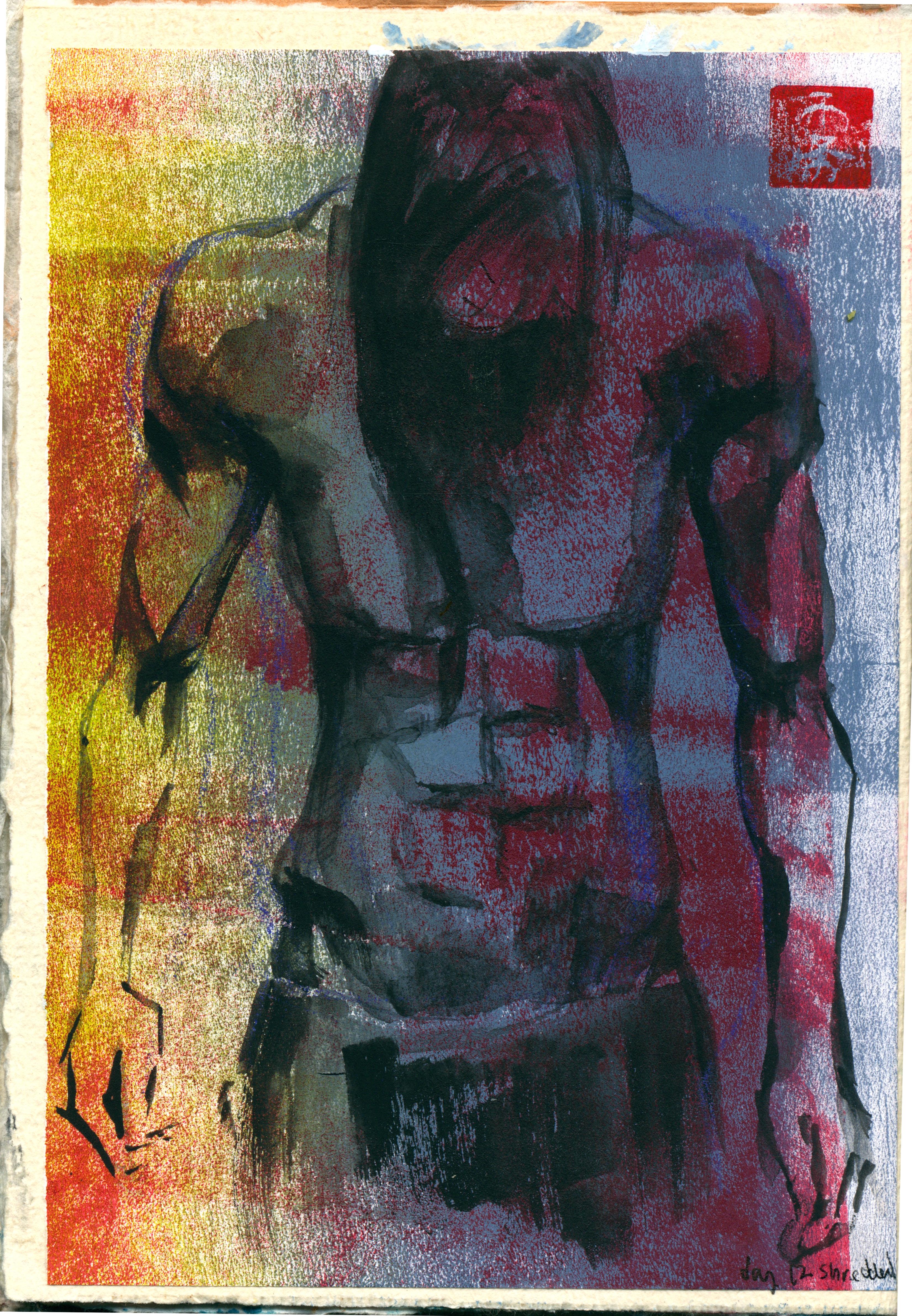 A broad shouldered person bowing their head, long hair hanging in front of their head. Loose black paint over a rainbow-printed paper.