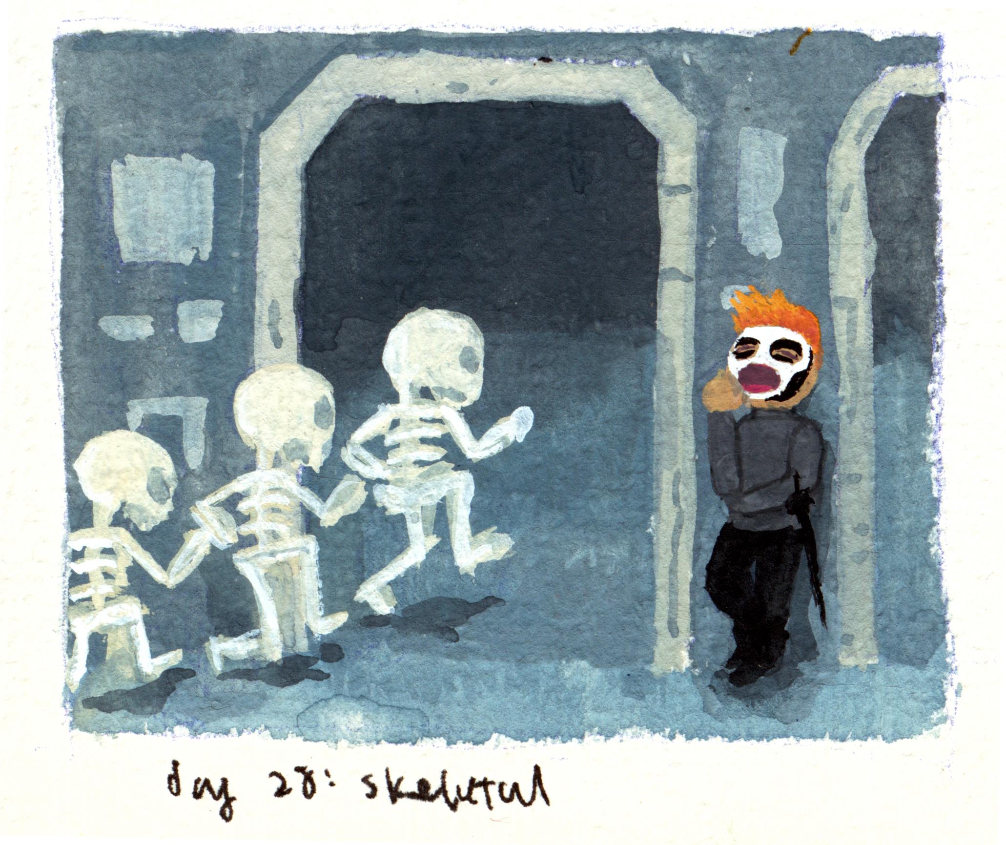 A line of chibi skeletons marching happily into a doorway, while Gideon
(also chibi) yawns into her hand. This is a reference to one of the trial
chambers in book 1.