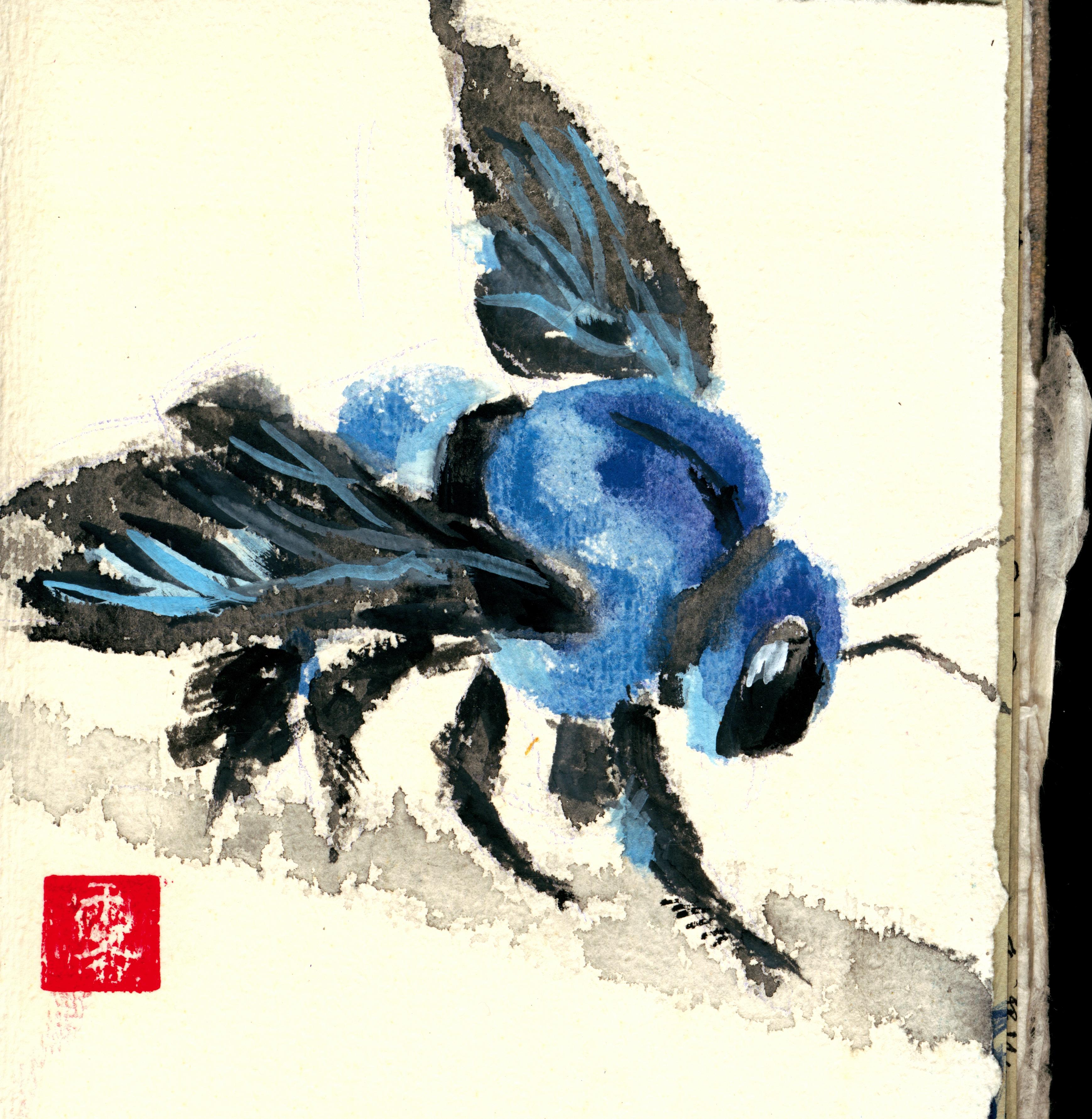 A blue carpenter bee, done in an asian-watercolor style, with a red square stamp