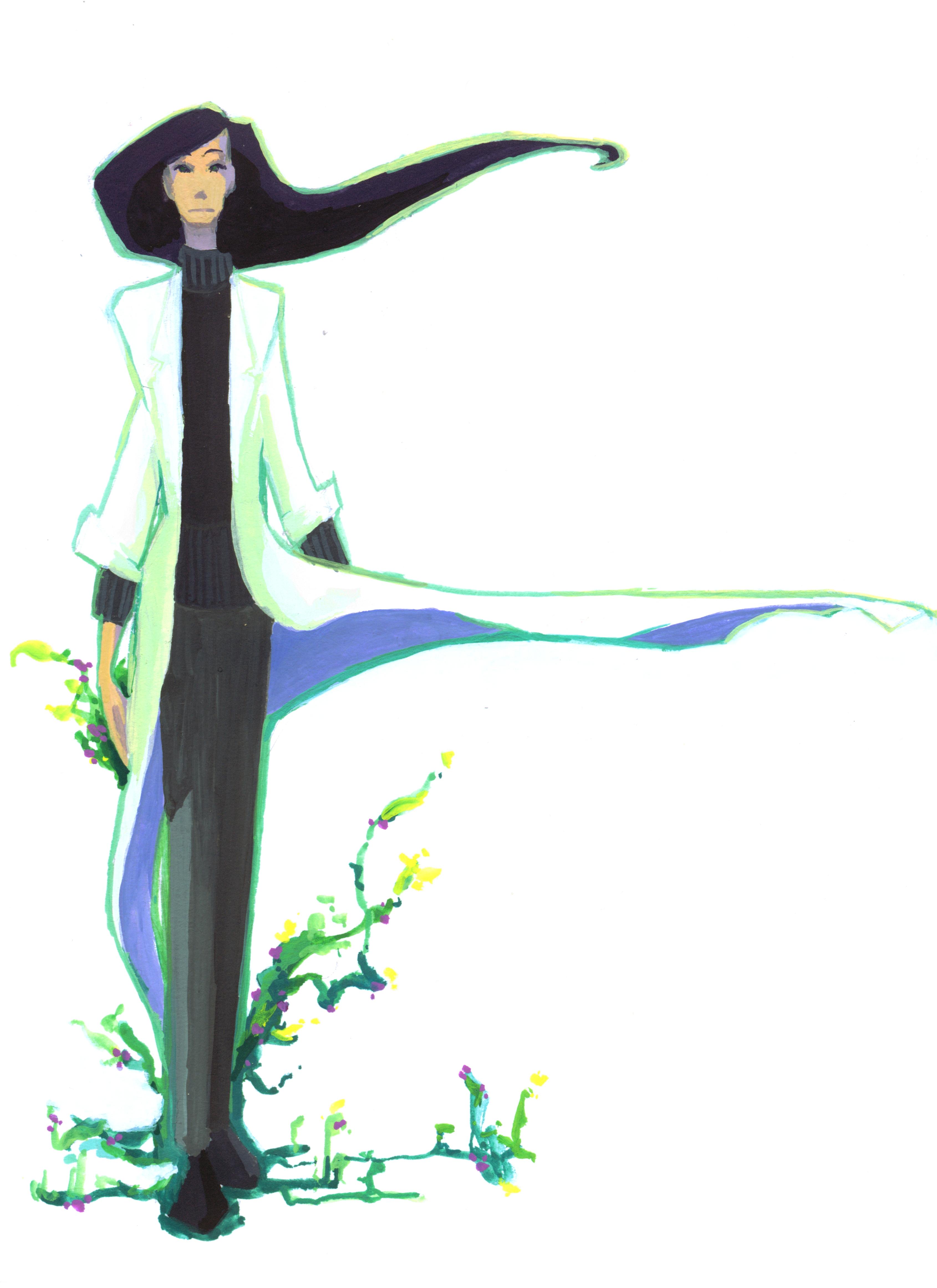 A person stands straight backed, poised. She wears a black sweater,
gray slacks, and a billowing white labcoat, shaded in green. Her hair is dark
and swirls off in the wind. Strange plant life grows at her feet and her right
hand.
