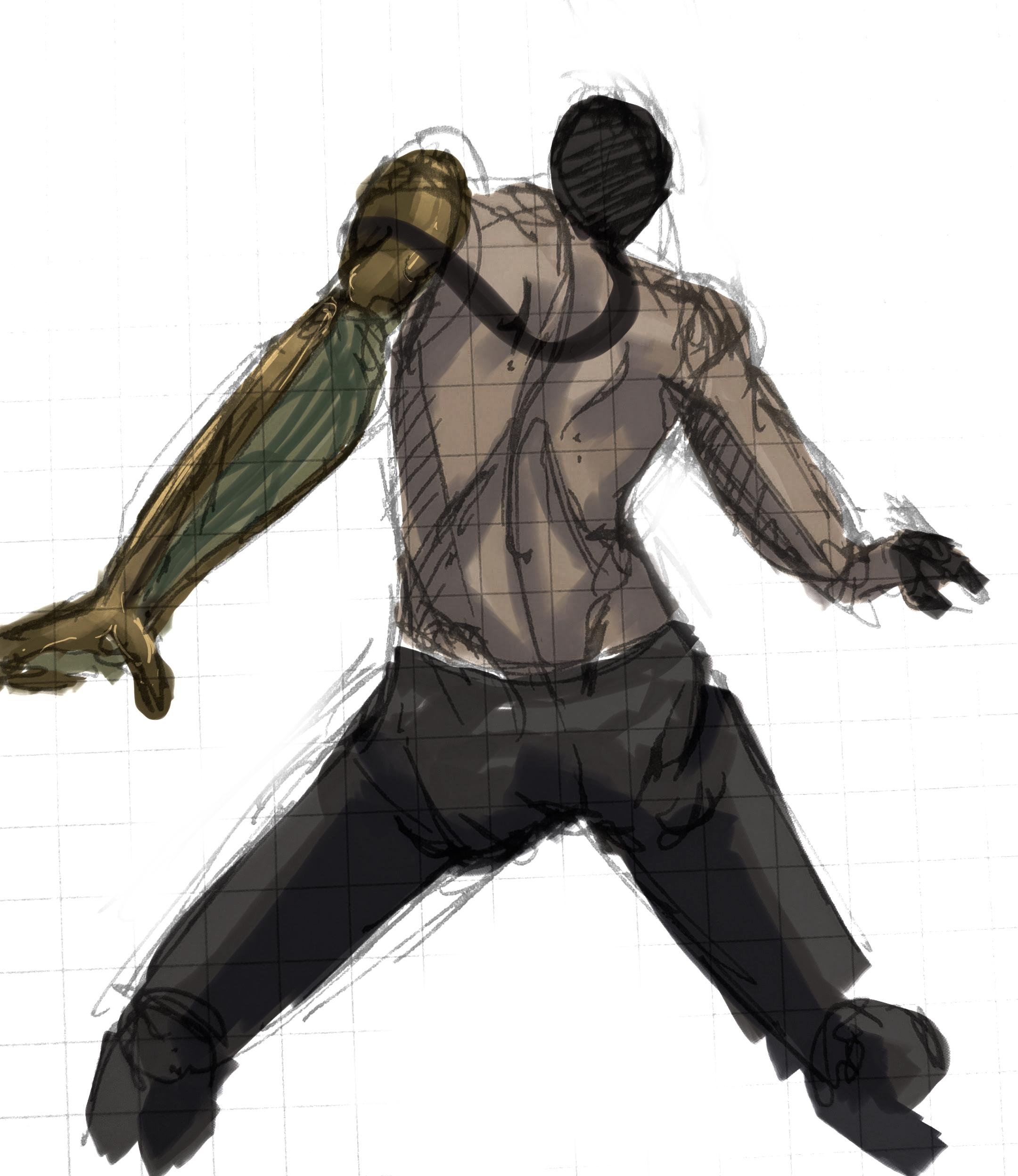 From behind, someone standing in a dynamic pose. Her left arm is
prosthetic, made of brass metal and green pneumatics.