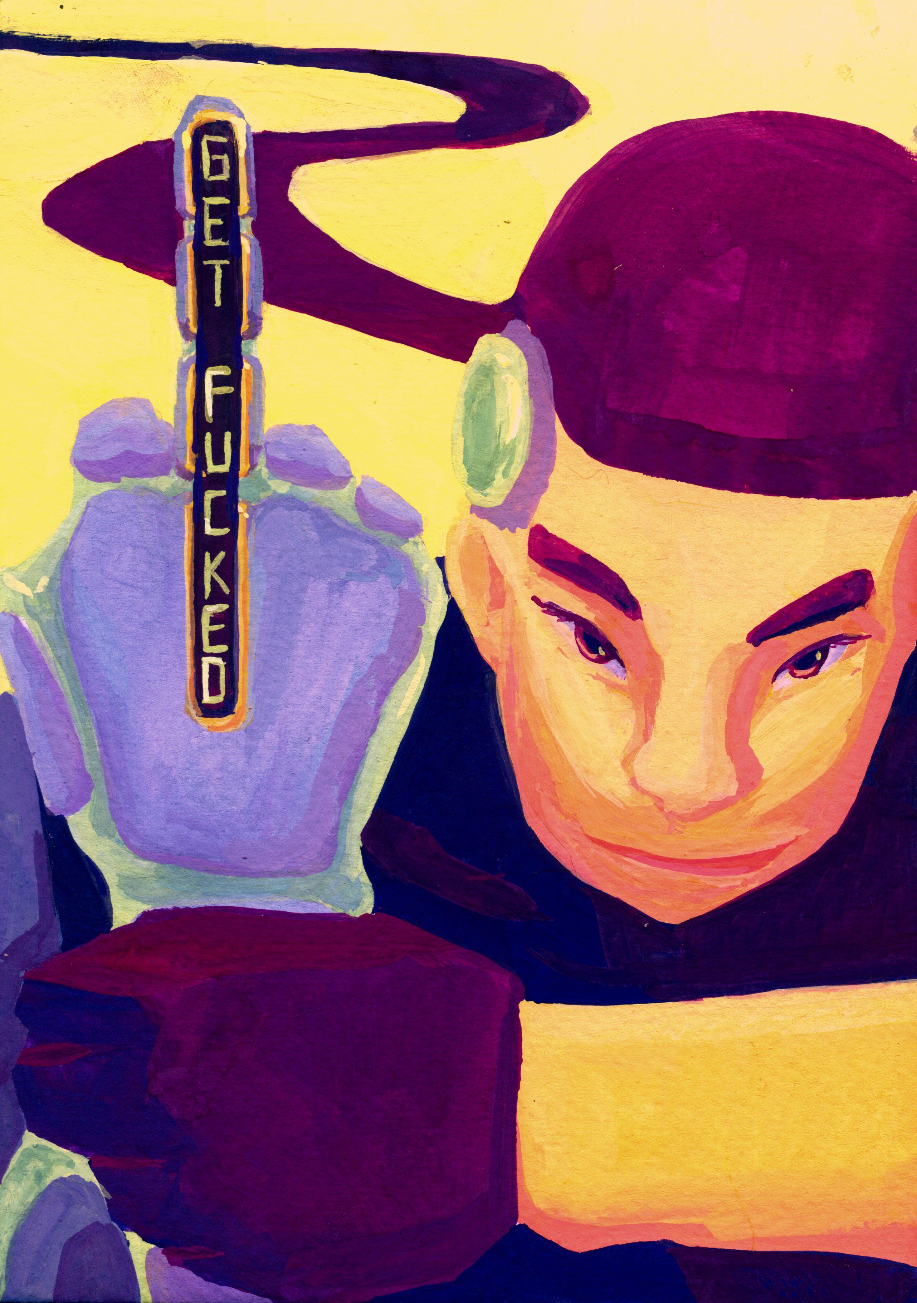 Maya, head lowered, looking at the viewer. She's holding her
prosthetic hand, raised around the wrist, with another. The prosthetic arm has
its middle finger up, and a small vertical screen says 'GET FUCKED' in a digital font.
The arm is made with purple plates in a green gel. Her hail trails behind her
in a whipped pony tail. The colors are warm and high saturation.