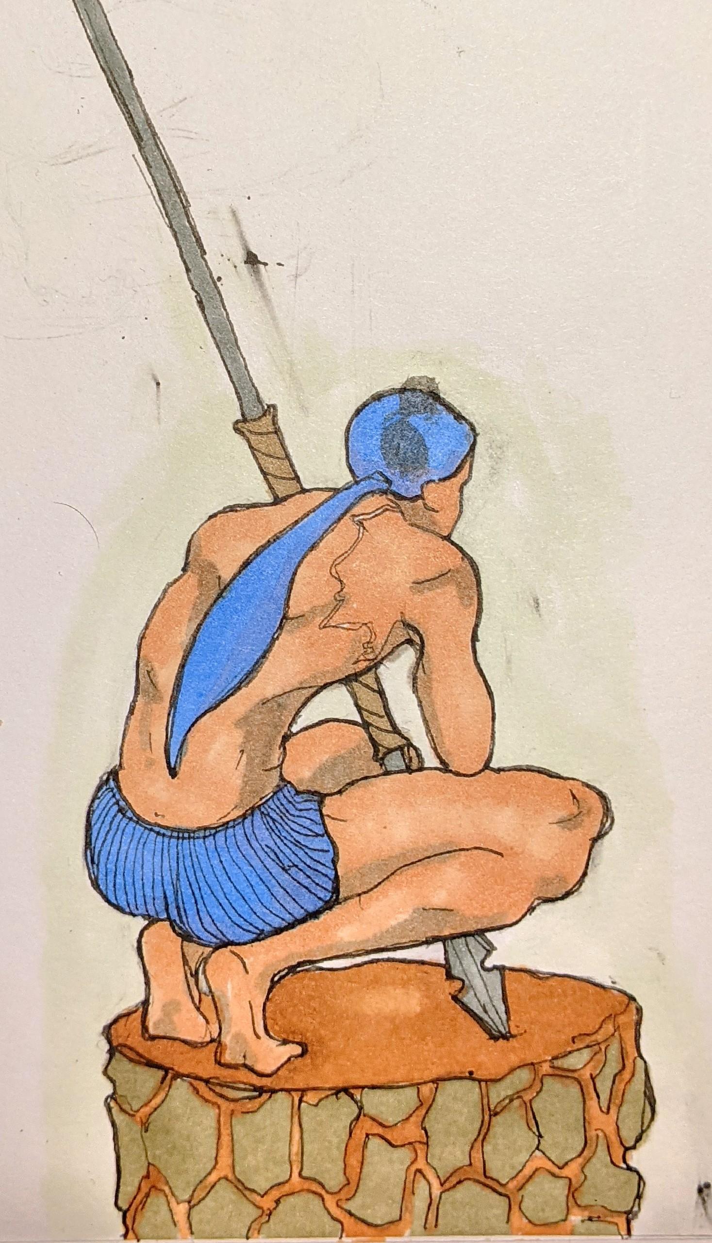 A muscular woman crouched over a textured pole. She's holding a long pole, waiting for the match to start.