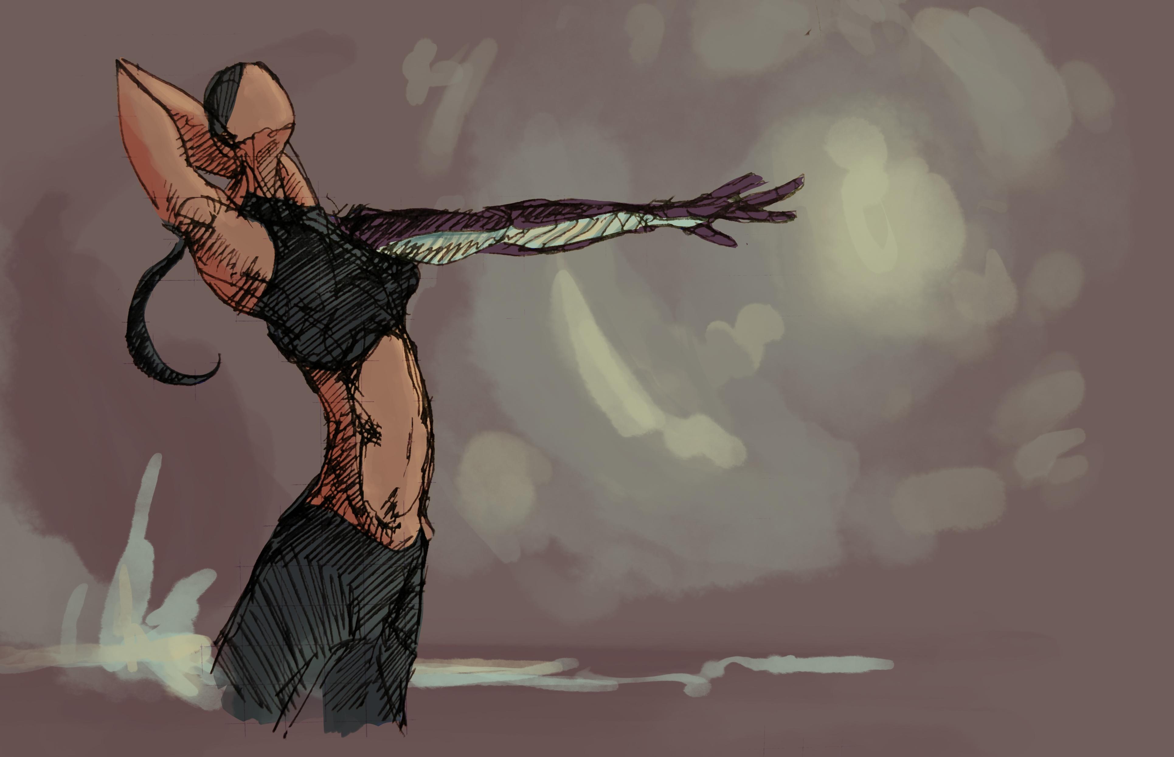 Maya stretches, one arm, biological, tucked above and behind her, the other
extended, prosthetic. The sketch is fast and loose, the colors are muted browns
with oranges and purples.