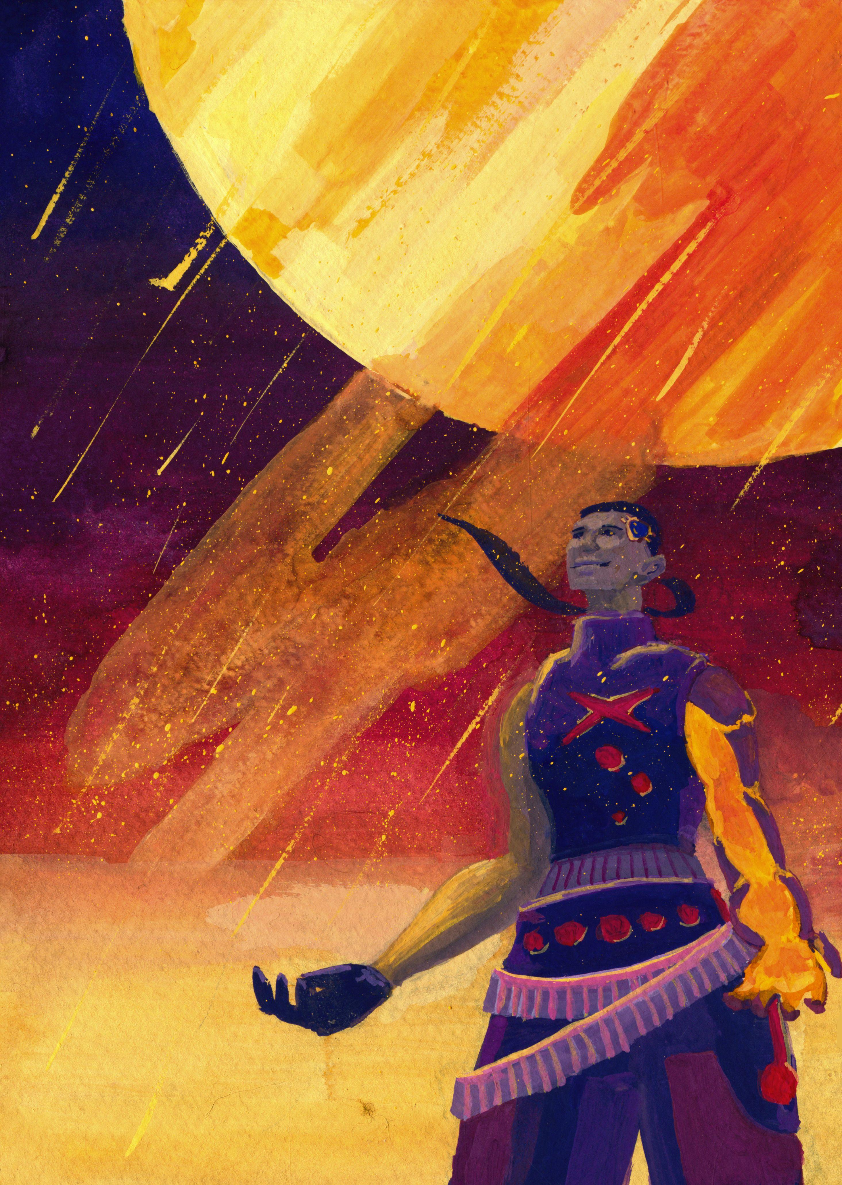 Maya looks upwards, as a golden rain falls from above. The sky is a
vivid gradient from blue-purple to red purple to raspberry to orange, with a
large orange-yellow planet and a hazy red ring. Maya wears vivid blues and
purples with red accents. Her arms are out-stretched to feel the rain fall. One
of them is a prosthetic with a a purple carapace and yellow-orange gel within.