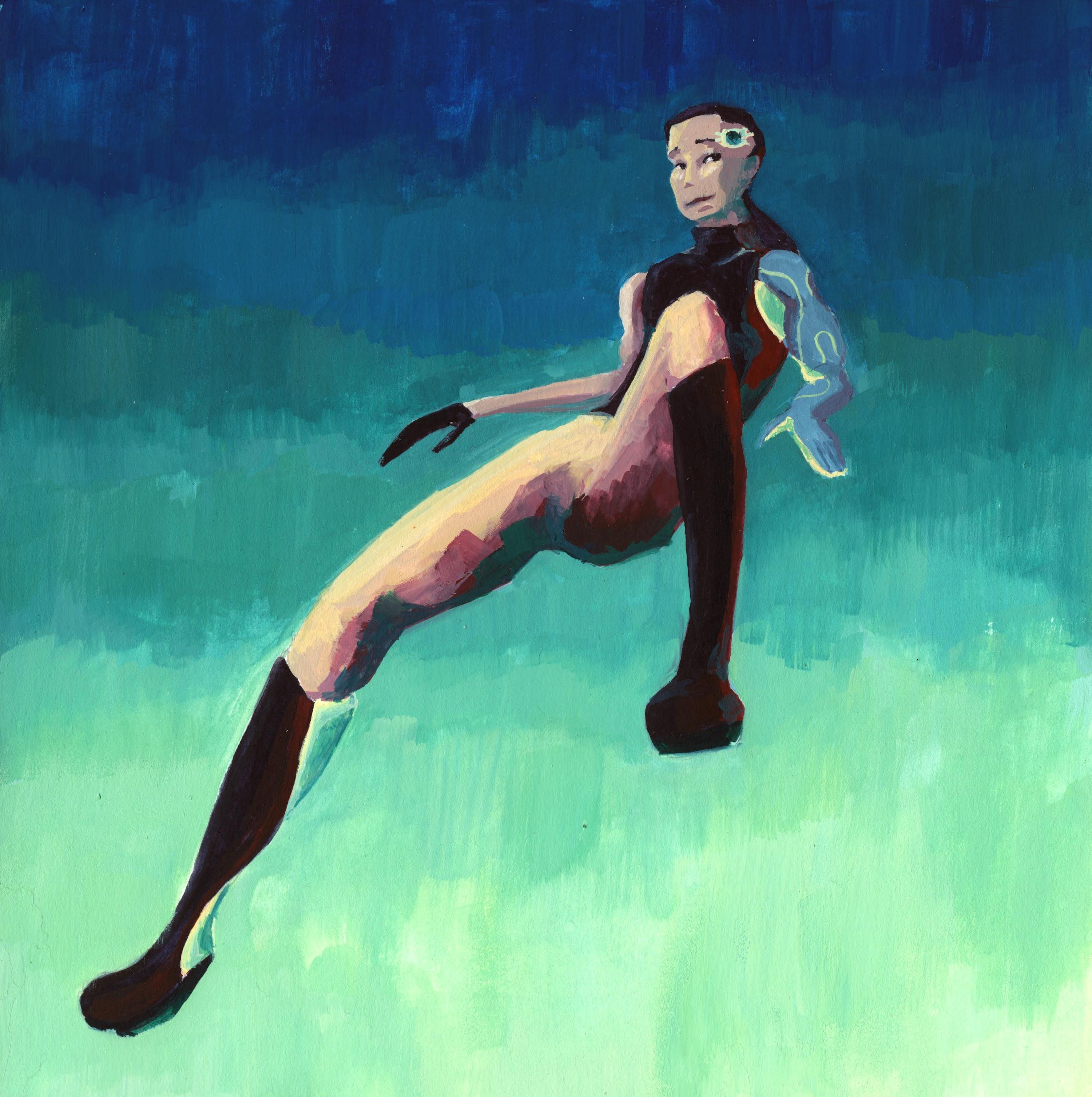 Maya with a bit of a cocky pose, looking at the viewer. Shadows in teal
and red, a blue-green gradient background.