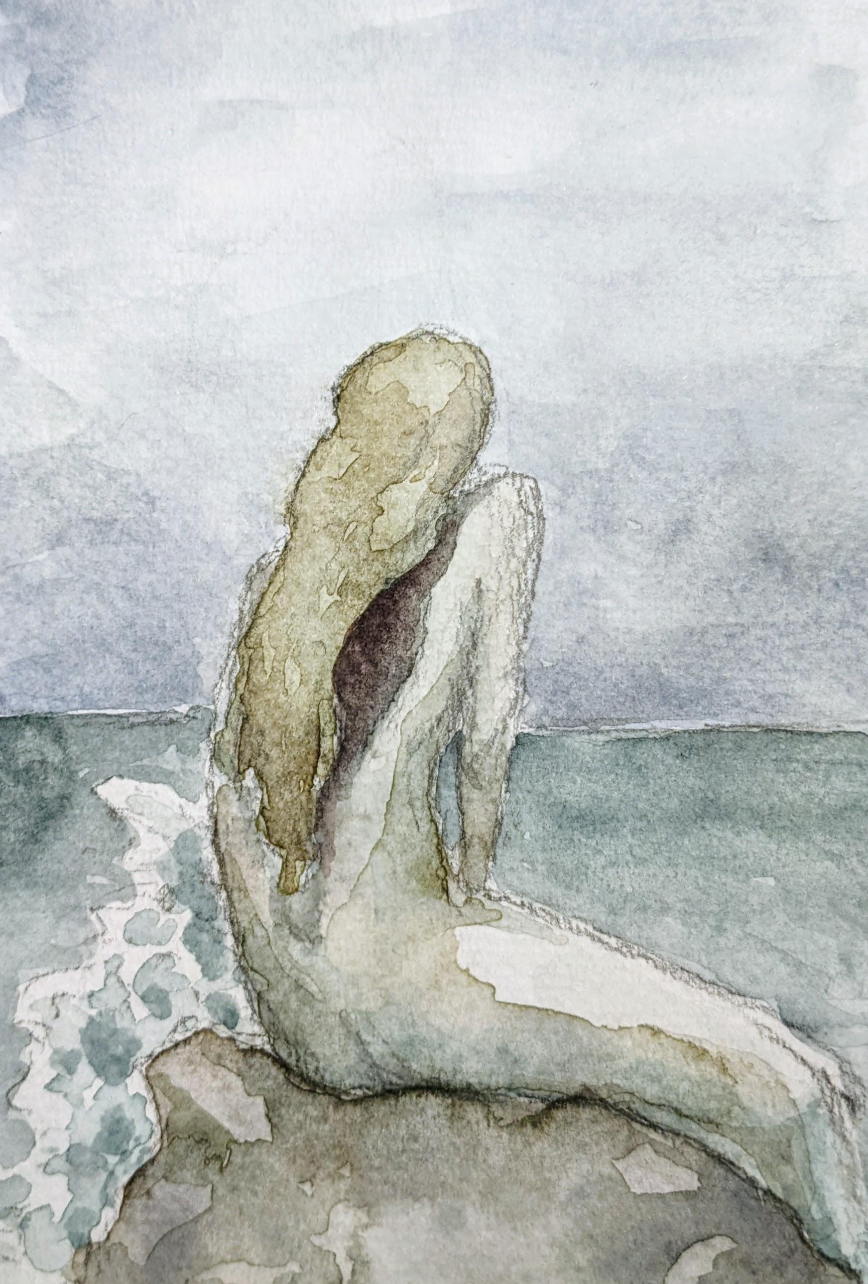 Watercolor a person seated on a rock as sea foam splashes against it.
Their skin and hair, the rocks, the sea, are all in muted blues and greens.