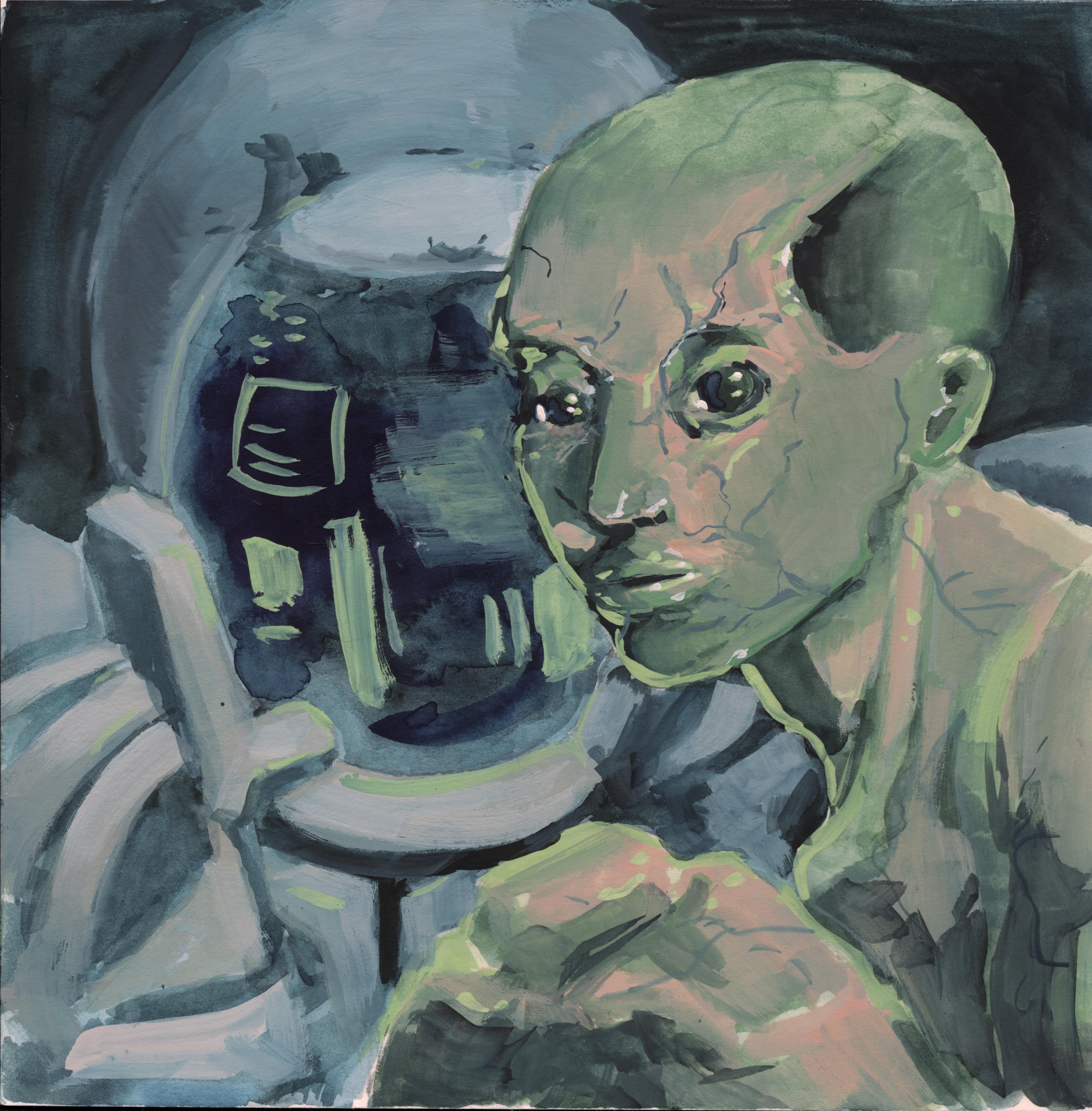 A creature with thin, green skin-tinted skin, crouching in front of a space suit with an shiny visor.