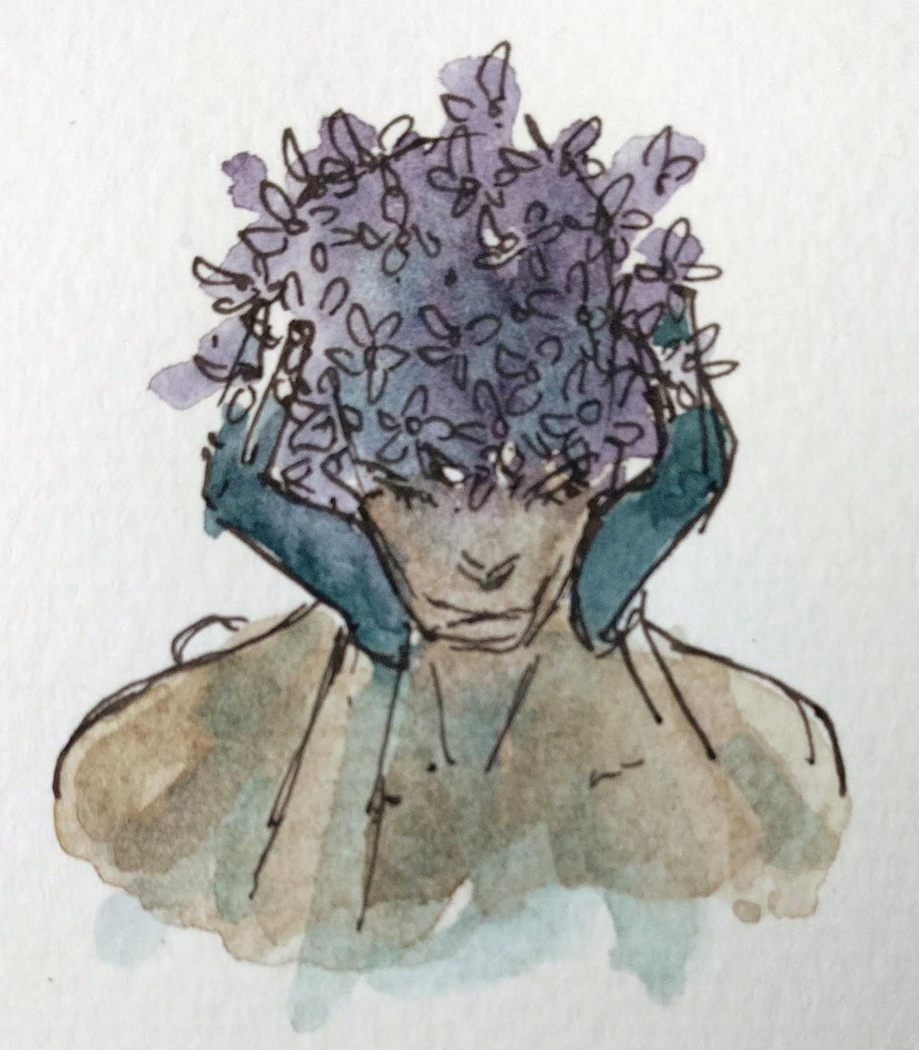 A person with flowers growing over their hair, holding gloved hands to their ears.