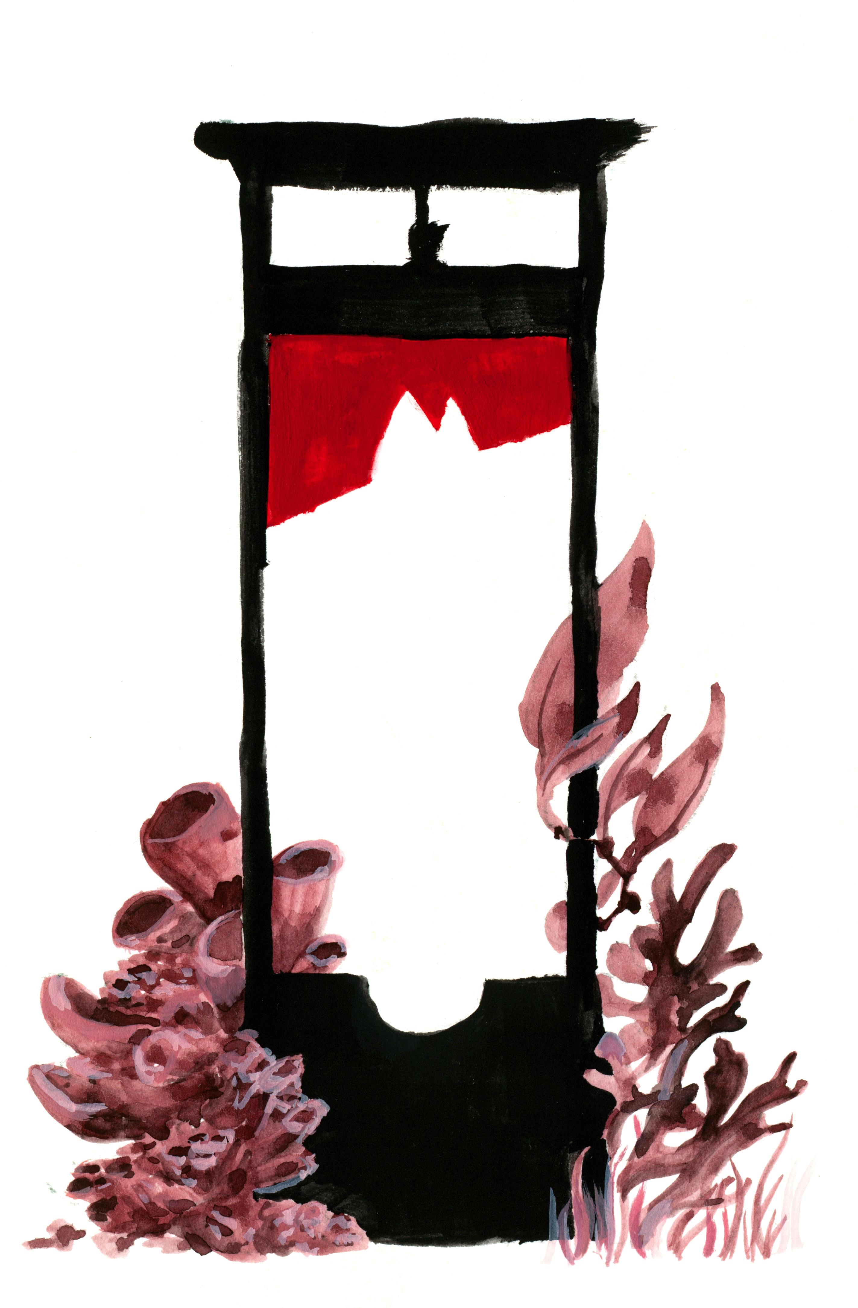 A guillotine in stark black with a red blade. The blade is cut out with a
fish head. With watercolor-like textures, corals grow to the guillotine's left,
kelp and seaweed to its right.