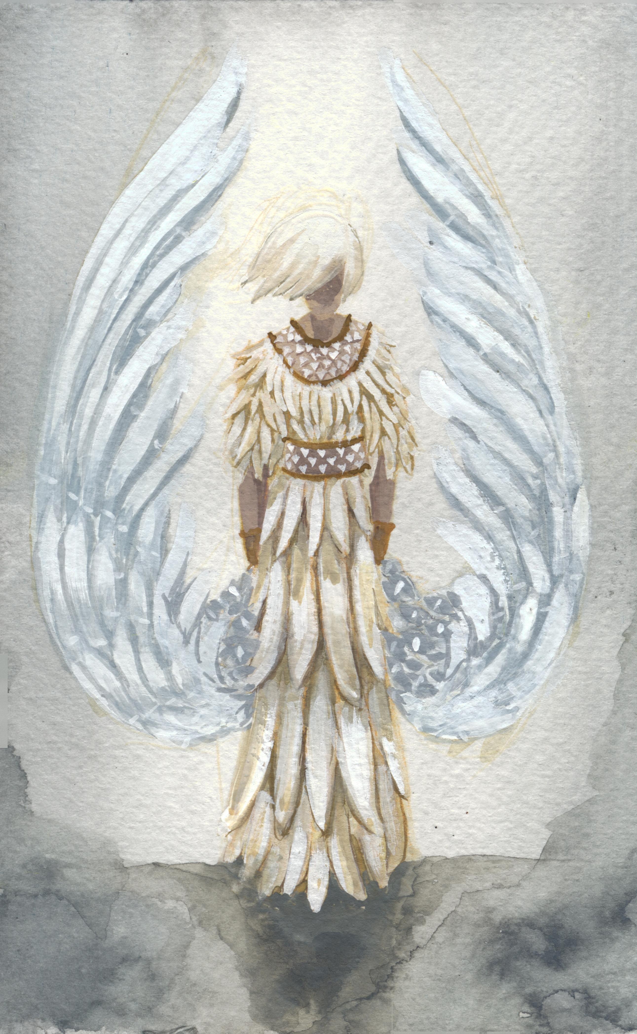 A person  wearing a a dress of feathers, jewelry made of a mesh of
teeth. Two large wings unfurl to either side of them. Their face is shadowed by
their hair.