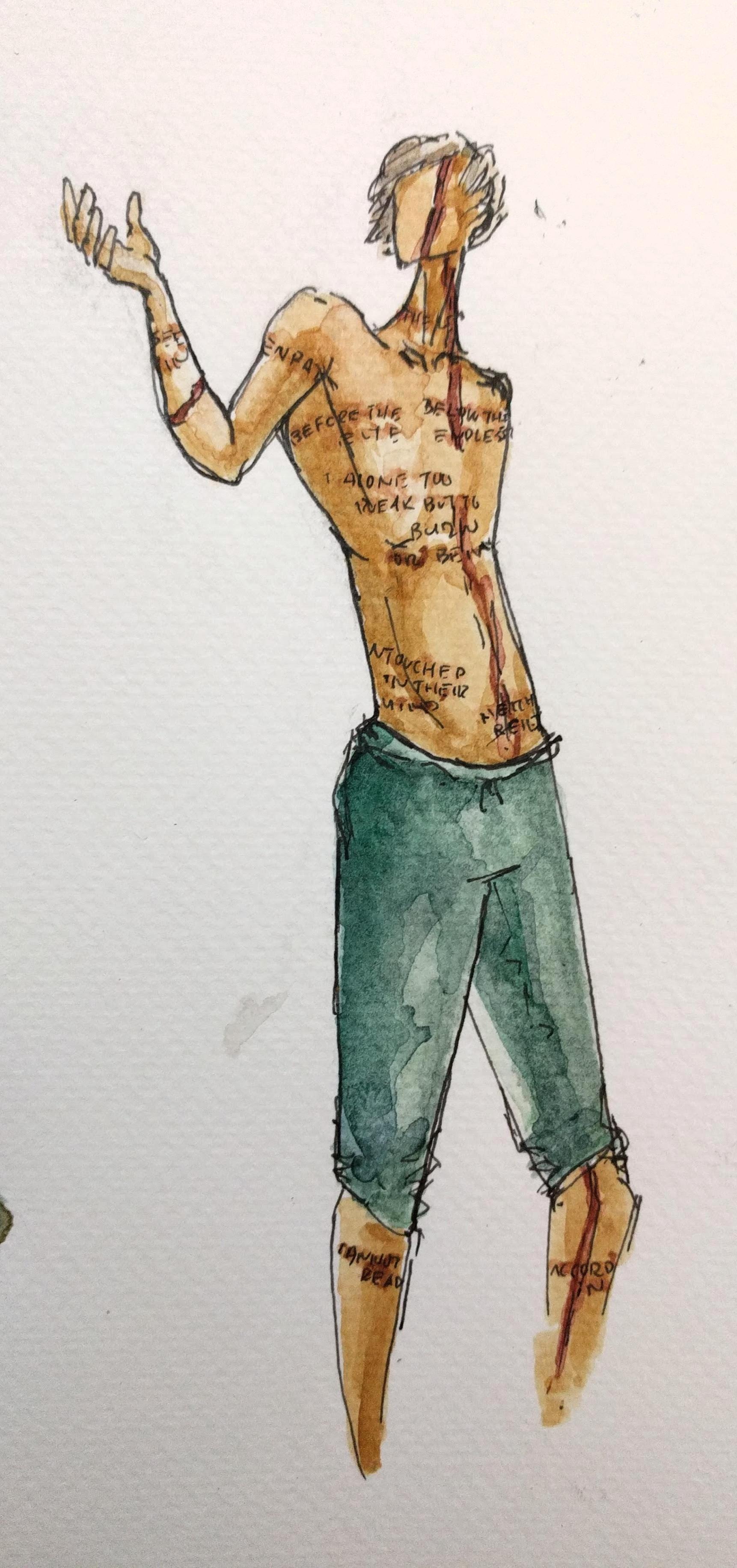 Sebastian stands with one hand lifted before him. He has short, grey-ish hair.
His body is covered in words, and a single, long red mark.