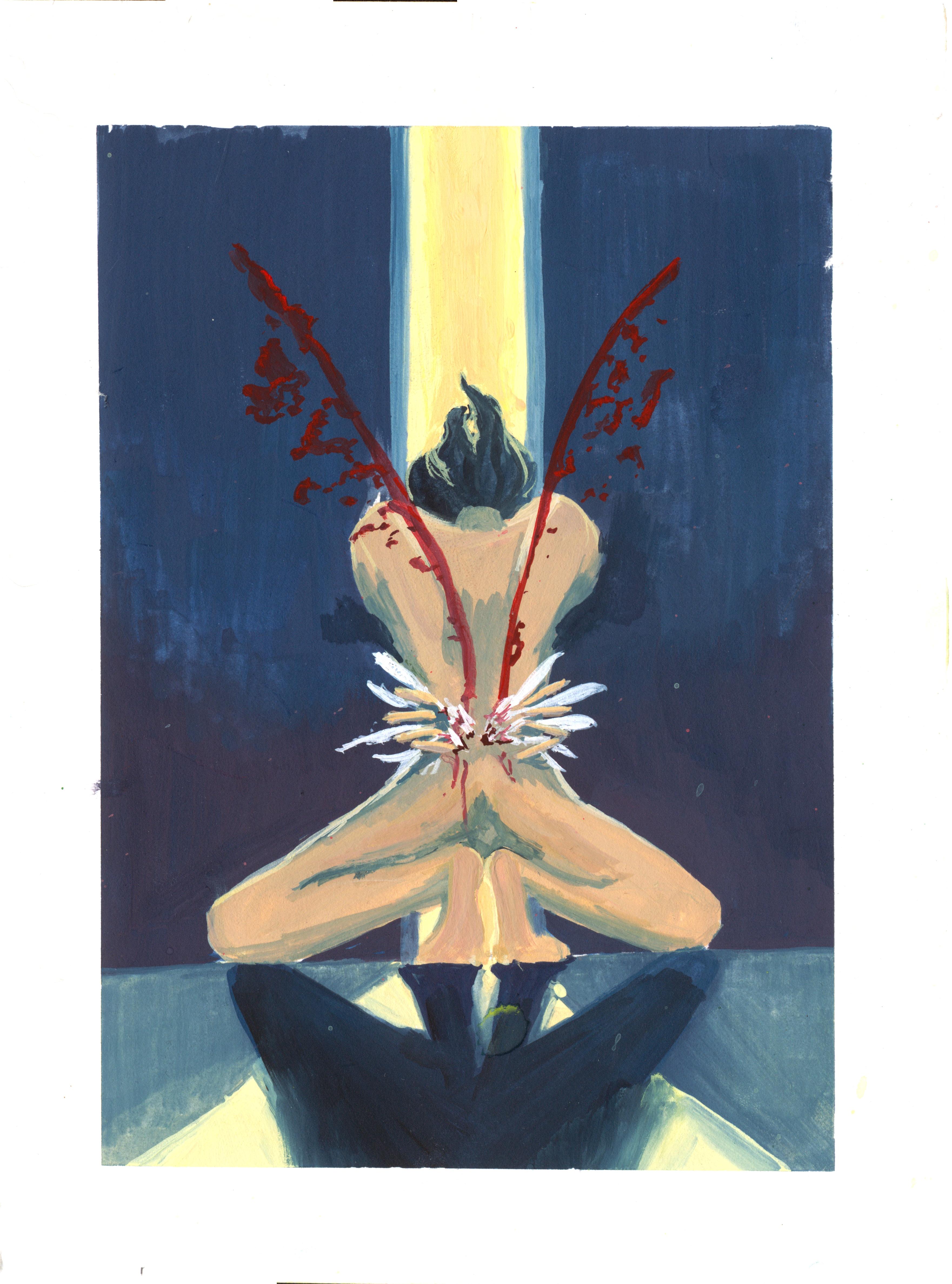 A person kneels before an opening door. They're clutching the small of
their back, where white feathers are bursting from between their fingers. Spouts
of blood arc violently upward, in the shape of wings.