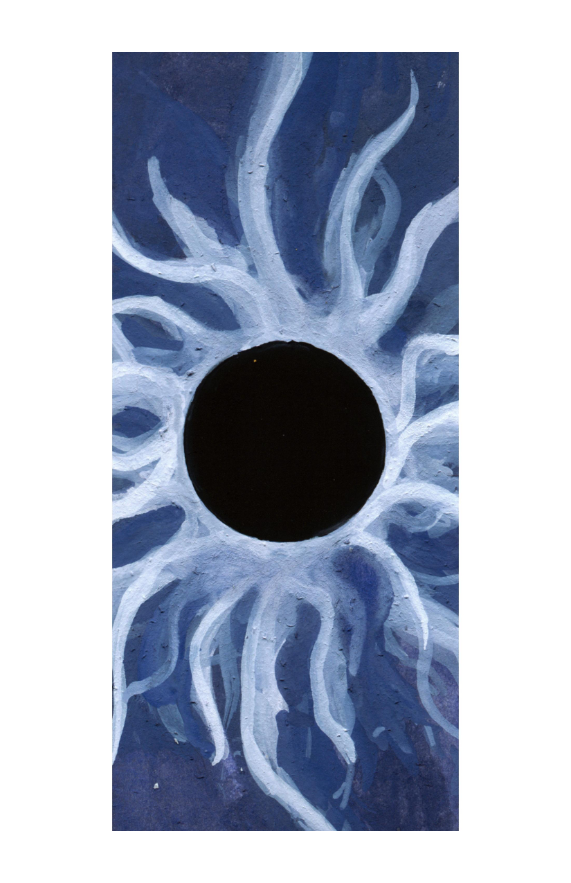 Dark circle in a black field, long twisting strands of white come from it, varying in translucency.