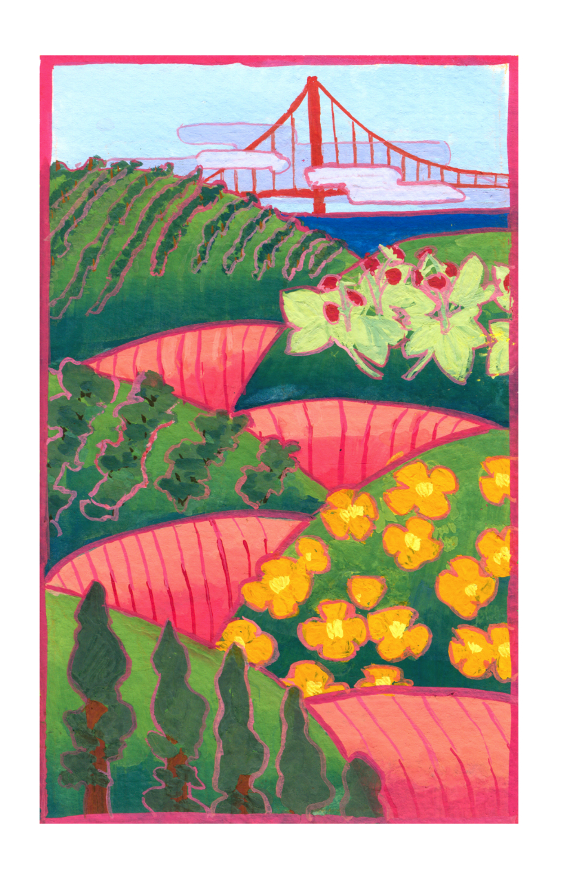 A painting of the hills of San Francisco, interleaved with a large pinked stripe worm. Each hill has a different set of plants, redwood trees, california poppies, orchards, thimbleberries, vineyards. In the distance is the golden gate bridge, partially covered in fog. The painting is done in gouache, with  pink lines.